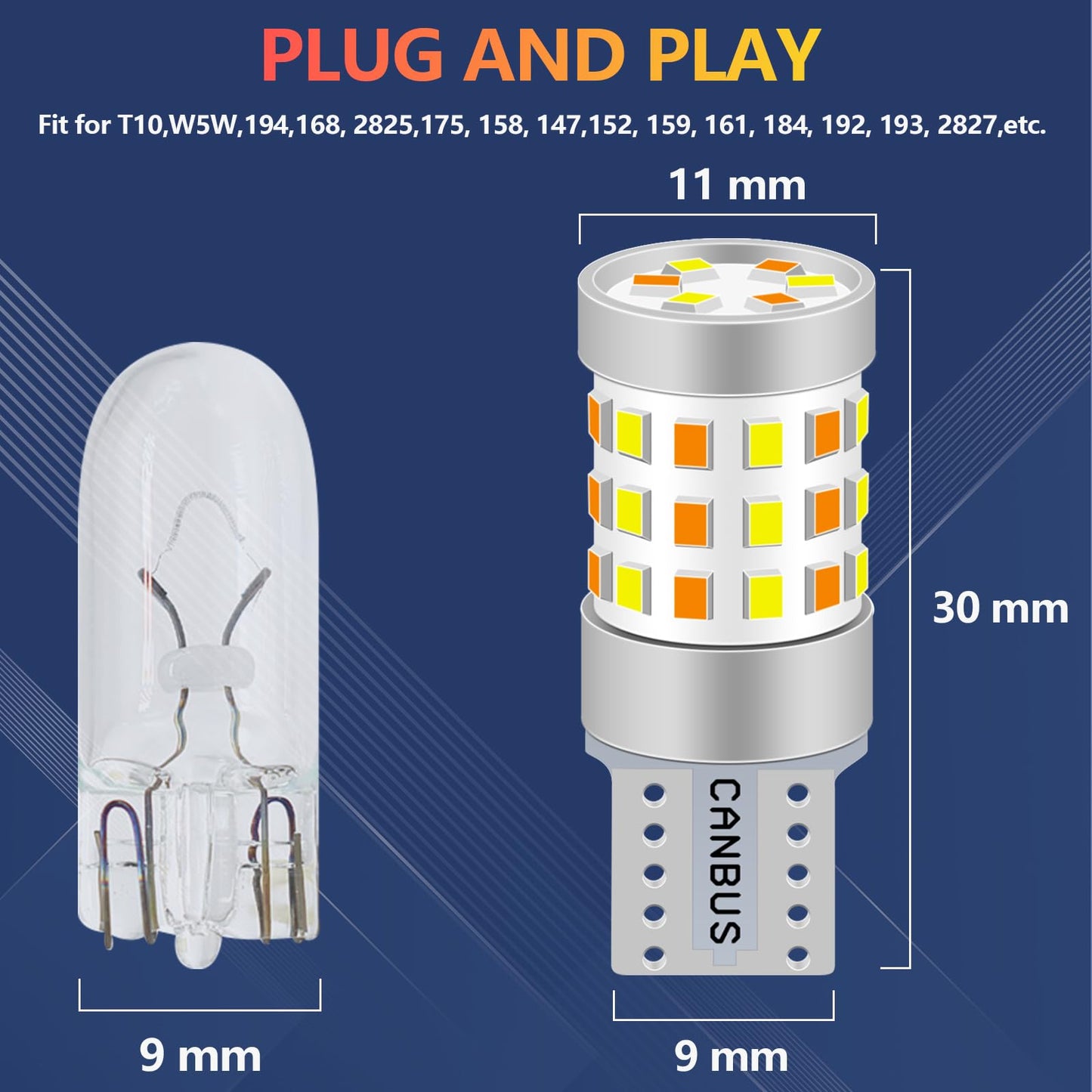 Fenikso LED Light Bulb 42SMD Switchback W5W T10 White/Amber for Car Dome Map License Plate Dash Instrument Lights 2Pcs