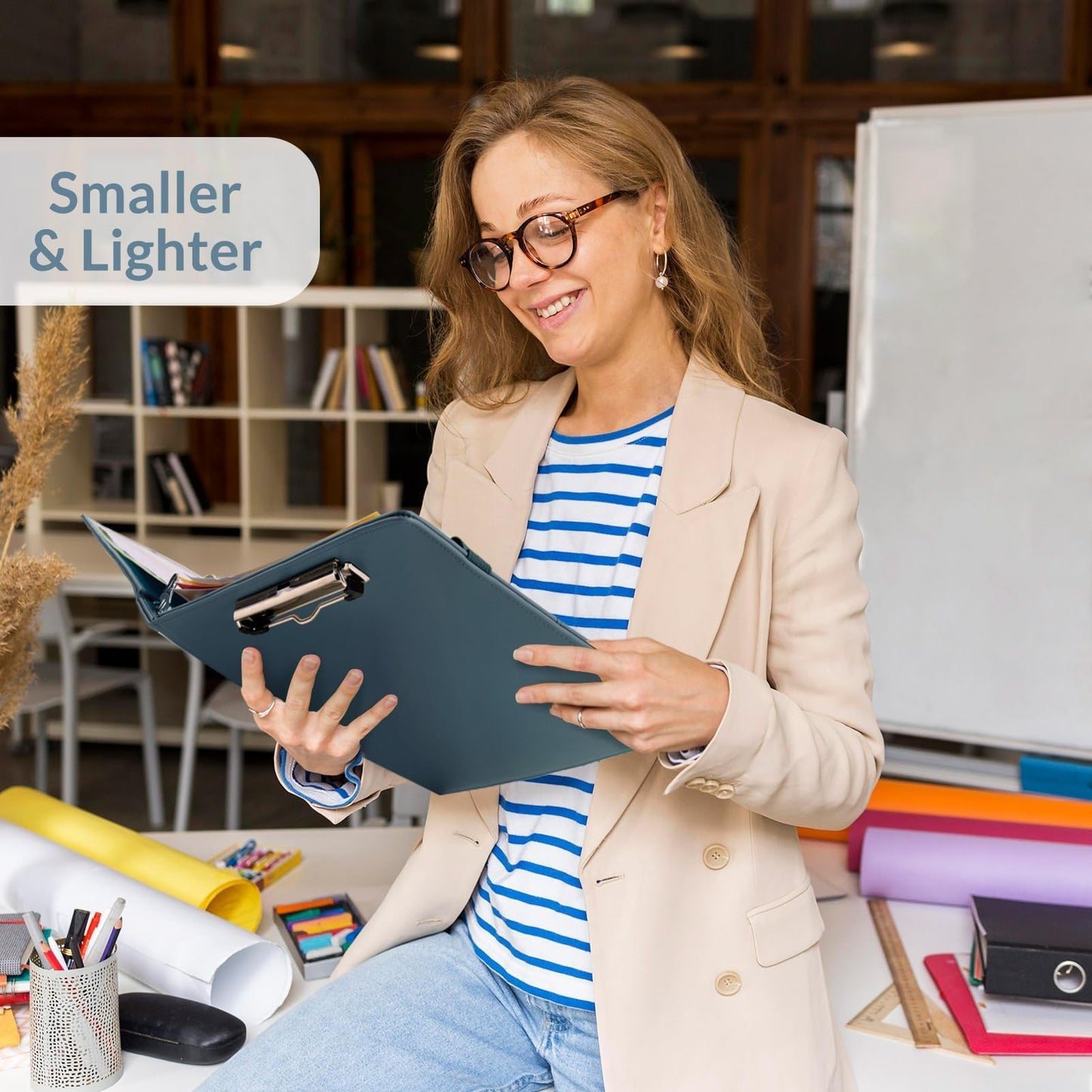 SKYDUE 3 Ring Binder with Clipboard, 13.2" × 10.2" Faux Leather 1 Inch Binder Organizer with 5 Pocket Dividers, Notepad, Labels & 2 Storage Pockets for Teachers, Students, Nurses & Office Work