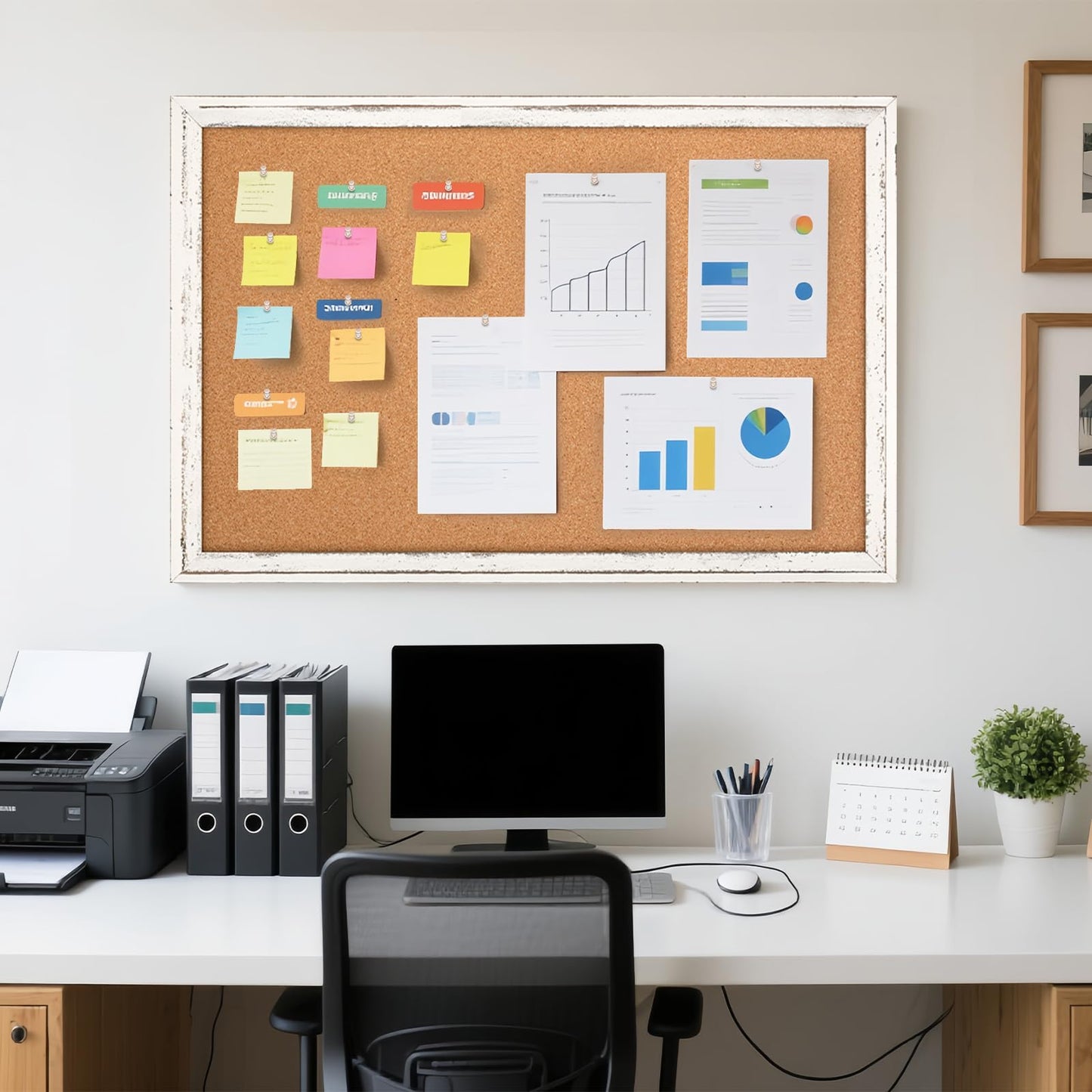 QUEENLINK Cork Board Bulletin Board, 36" x 24" Corkboard for Wall, Rustic White Wooden Frame, Hanging Pin Board for Home & Office Decor, 10 Push Pins