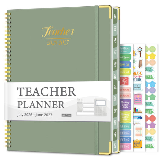 Teacher Planner 2026-2027, Jul 2026-Jun 2027 Academic Year, 8.5" x 11" Lesson Planner Book for Teachers Calendar, Spiral Bound Planners, Colorful Monthly Tabs, Hardcover, Corner Protectors - Green