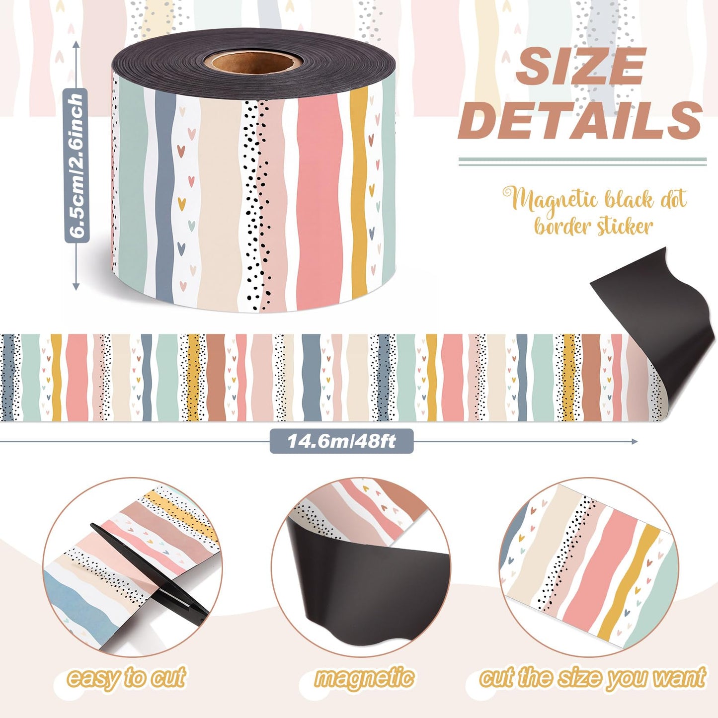 Tenceur 48 ft x 2.76 Inch Magnetic Borders for Whiteboard Decoration, Boho Polka Dots Stripes Magnetic Bulletin Board Border Set for Summer Classroom Office Chalkboard Poster Board Decor