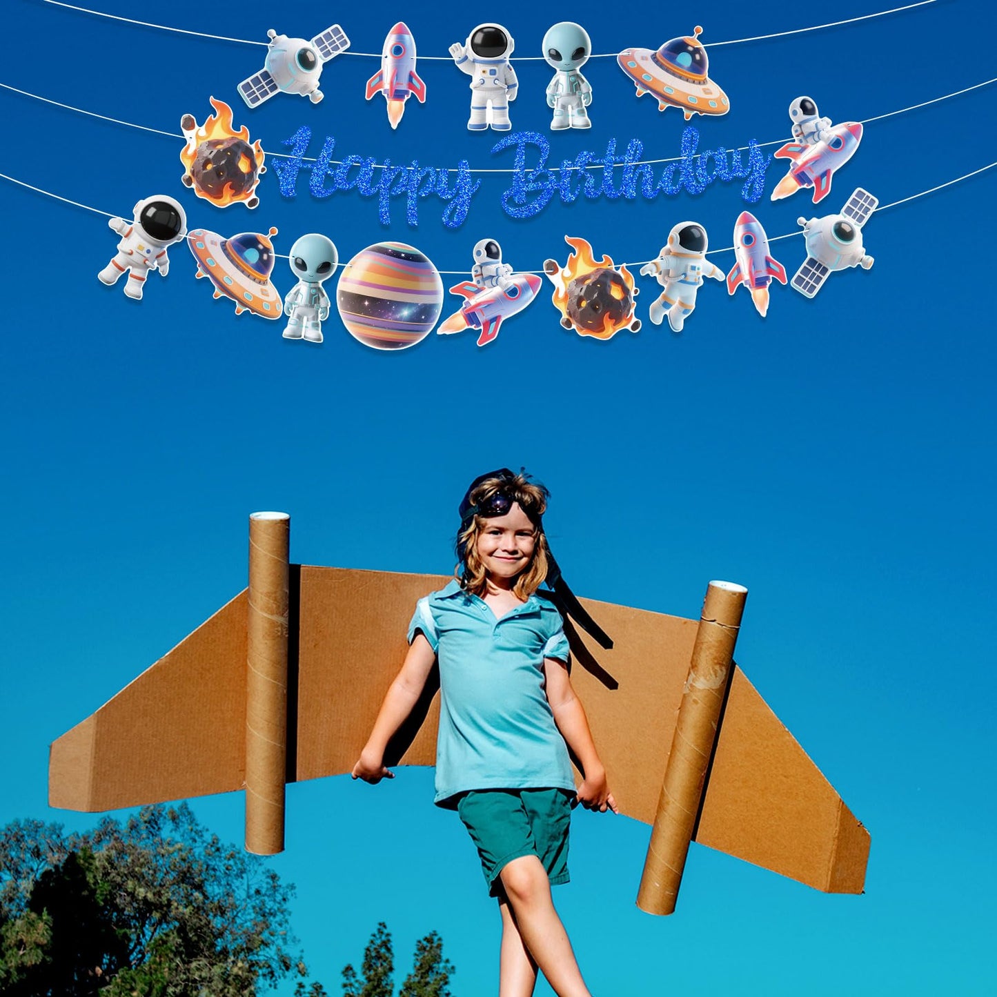 Outer Space Party Banners 3Pcs Happy Birthday Blue Astronaut Ship Garland Banners for Boy Girls Solar System Theme Baby Shower Birthday Party Supplies