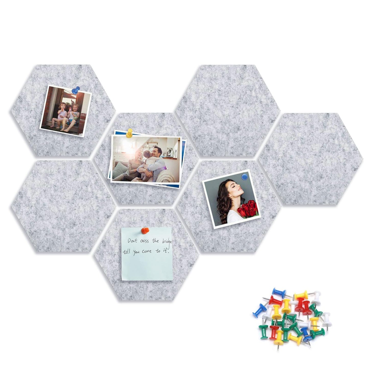 8 Packs Light Gray Hexagon Felt Pin Board, 12" Bulletin Board with 30 Push Pins, Felt Board for Home Kitchen Office Decor, Self-Adhesive Corkboard Tiles for Walls School Message Photos Memos