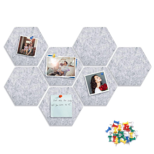 8 Packs Light Gray Hexagon Felt Pin Board, 12" Bulletin Board with 30 Push Pins, Felt Board for Home Kitchen Office Decor, Self-Adhesive Corkboard Tiles for Walls School Message Photos Memos
