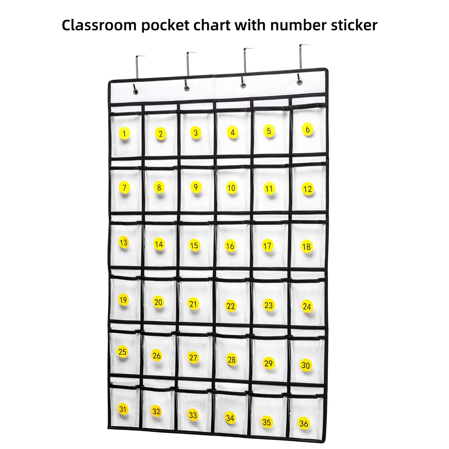 SAVERHO 36 Clear Pockets Classroom Pocket Chart for Cell Phones, Pocket Chart for Calculator Phone Holder with 36 Number Stickers and Hooks (White)