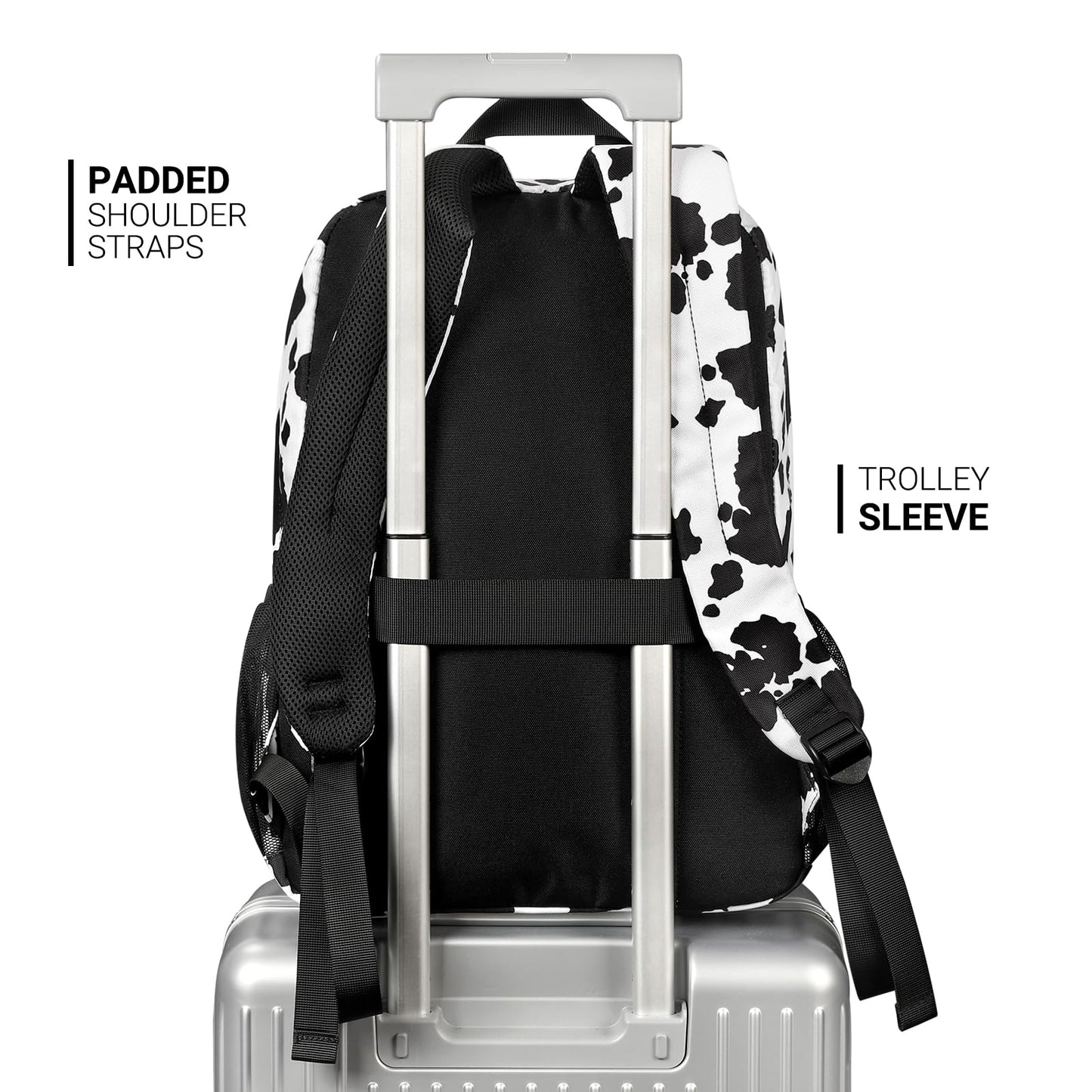 ZORFIN 26L Backpack for College, and Travel: Water Resistant Bookbag - Cow Print Black