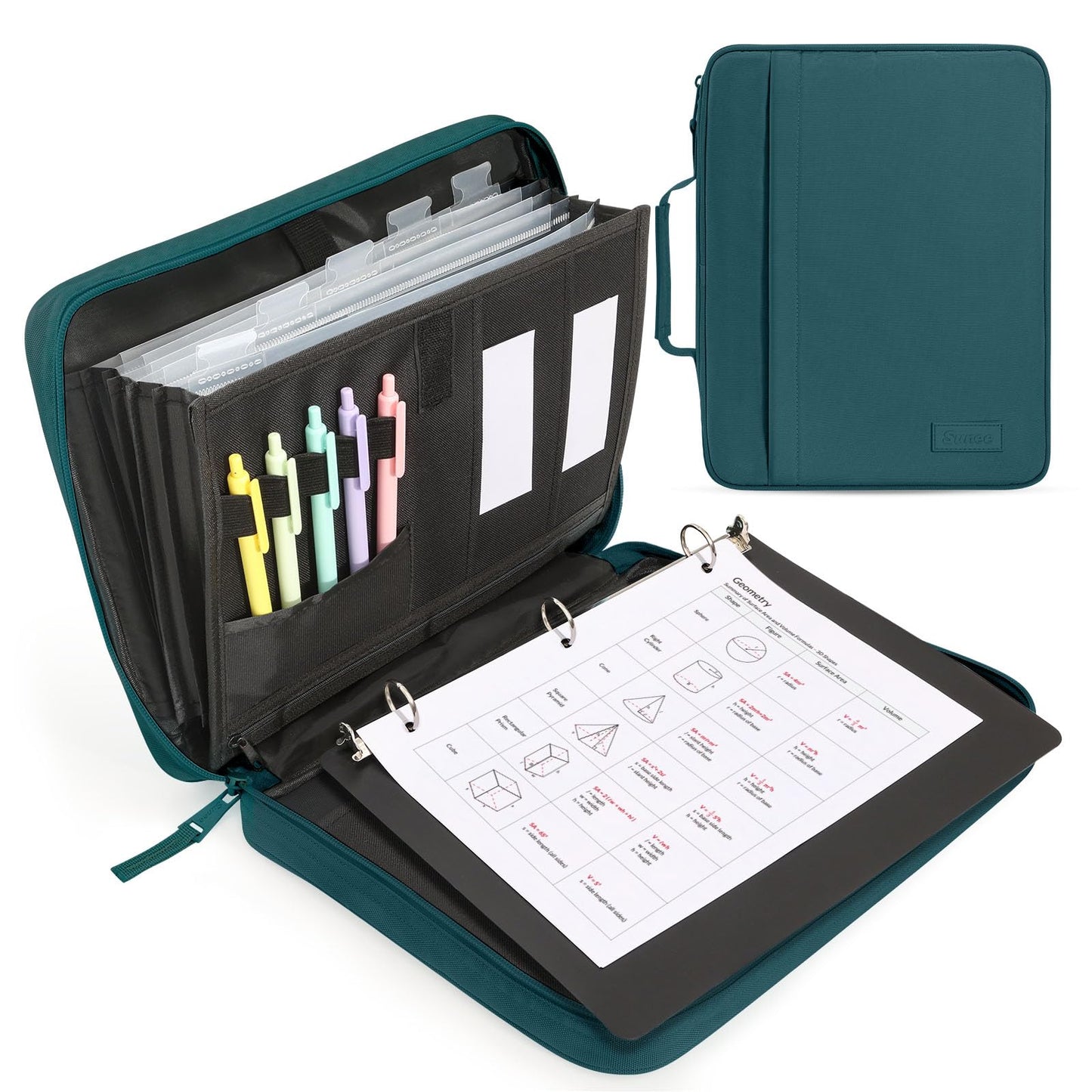 SUNEE Zipper Binder 1 Inch, Removable 3-ring binder, 175-Sheet Capacity, 5-Tab Dividers Expanding File Folder, Small Binder Bag Organizer Storage for Student School Classroom Supplies, Dark Teal-Green