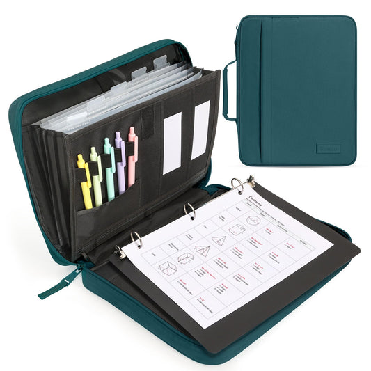 SUNEE Zipper Binder 1 Inch, Removable 3-ring binder, 175-Sheet Capacity, 5-Tab Dividers Expanding File Folder, Small Binder Bag Organizer Storage for Student School Classroom Supplies, Dark Teal-Green