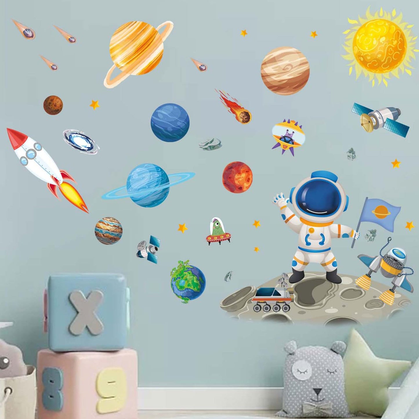 Amimagen Outer Space Astronaut Wall Stickers - Planets Rocket Boys Wall Decals - Baby Nursery Kids Room Daycare Playroom Classroom Wall Decor