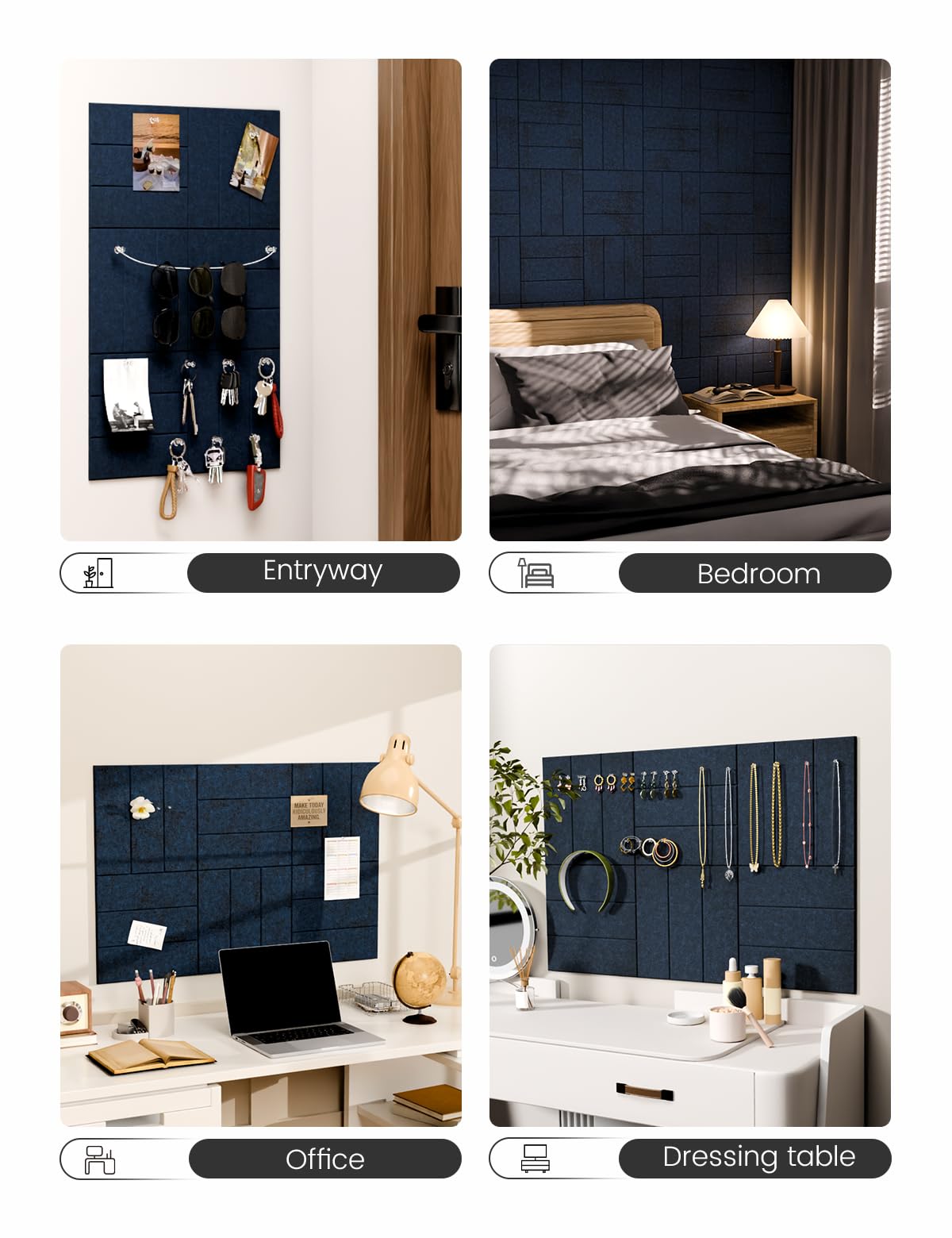 Felt Bulletin Board Tiles -28"x18" with 40 Adhesive Tabs, Cork Board Alternative for Office Decor, Push Pin Board Wall Organizer 6-Pack (Carbon Blue)