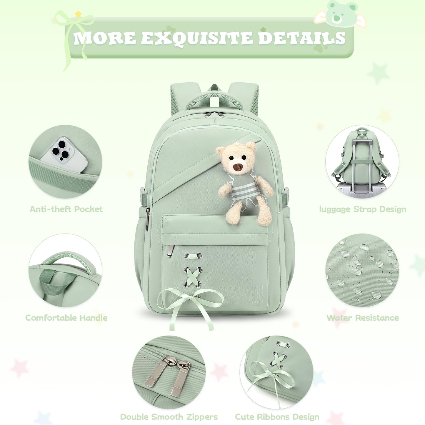 ACESAK School Backpack for Girls - 3 PCS Cute Girls Backpack with Lunch Box & Pencil Case - Kawaii Casual Kids Bookbag School Bag Daypacks Set for Elementary Middle High School Student Teens (Green)