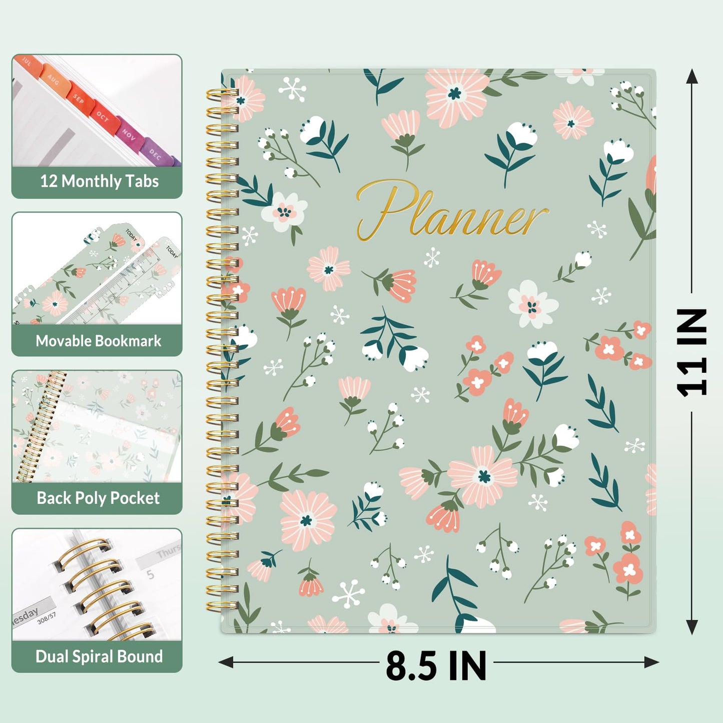 SUNEE Academic Planner 2026-2027 – Weekly & Monthly Planner, July 2026 to June 2027, 8.5"x11", Thick Paper, Tabs, Pockets, Bookmark, Spiral-Bound, Student Teacher Organizer, Green Wildflowers