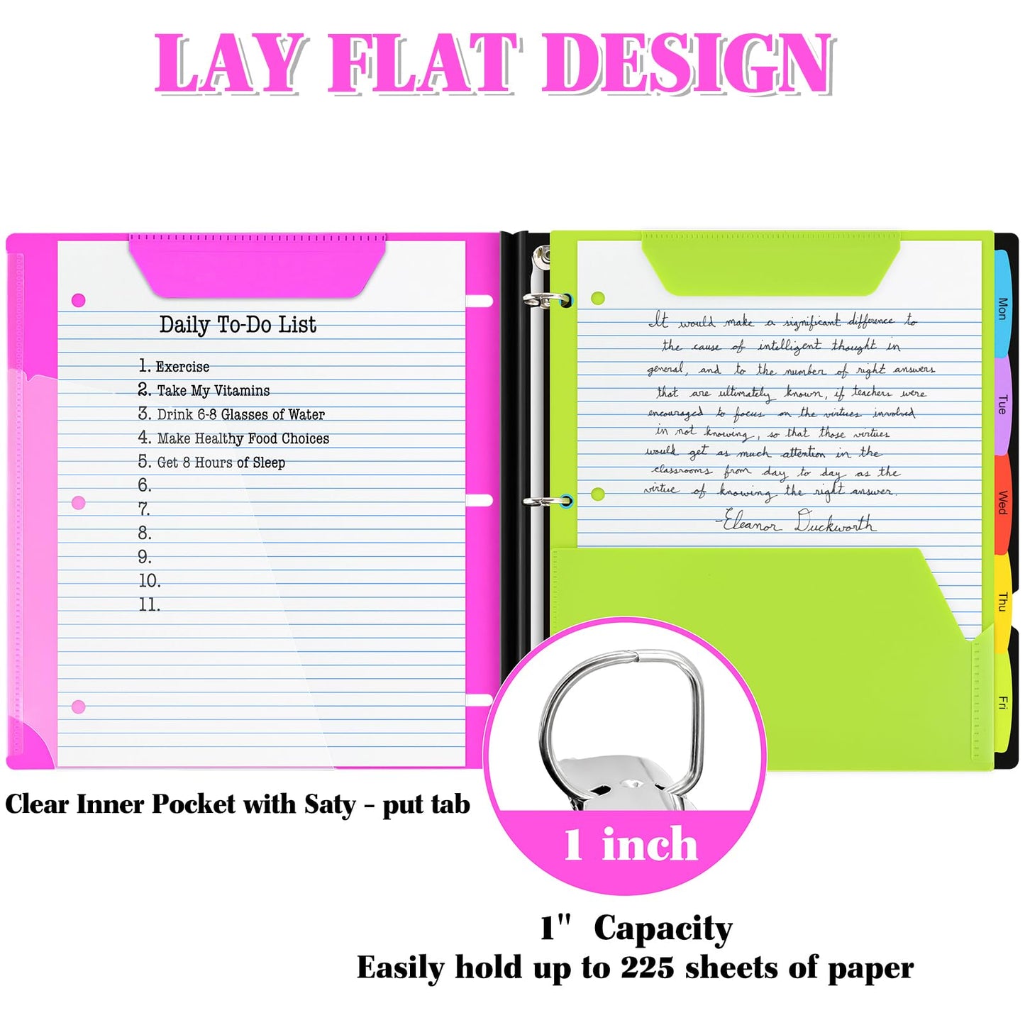 INFUN 1 Inch Telescoping 3 Ring Binder - 1PCS,Flexible Round Binder with Customizable Front Cover and Clear Catalog Pocket, 1 Inch Rings, 225 Sheet Capacity-Pink