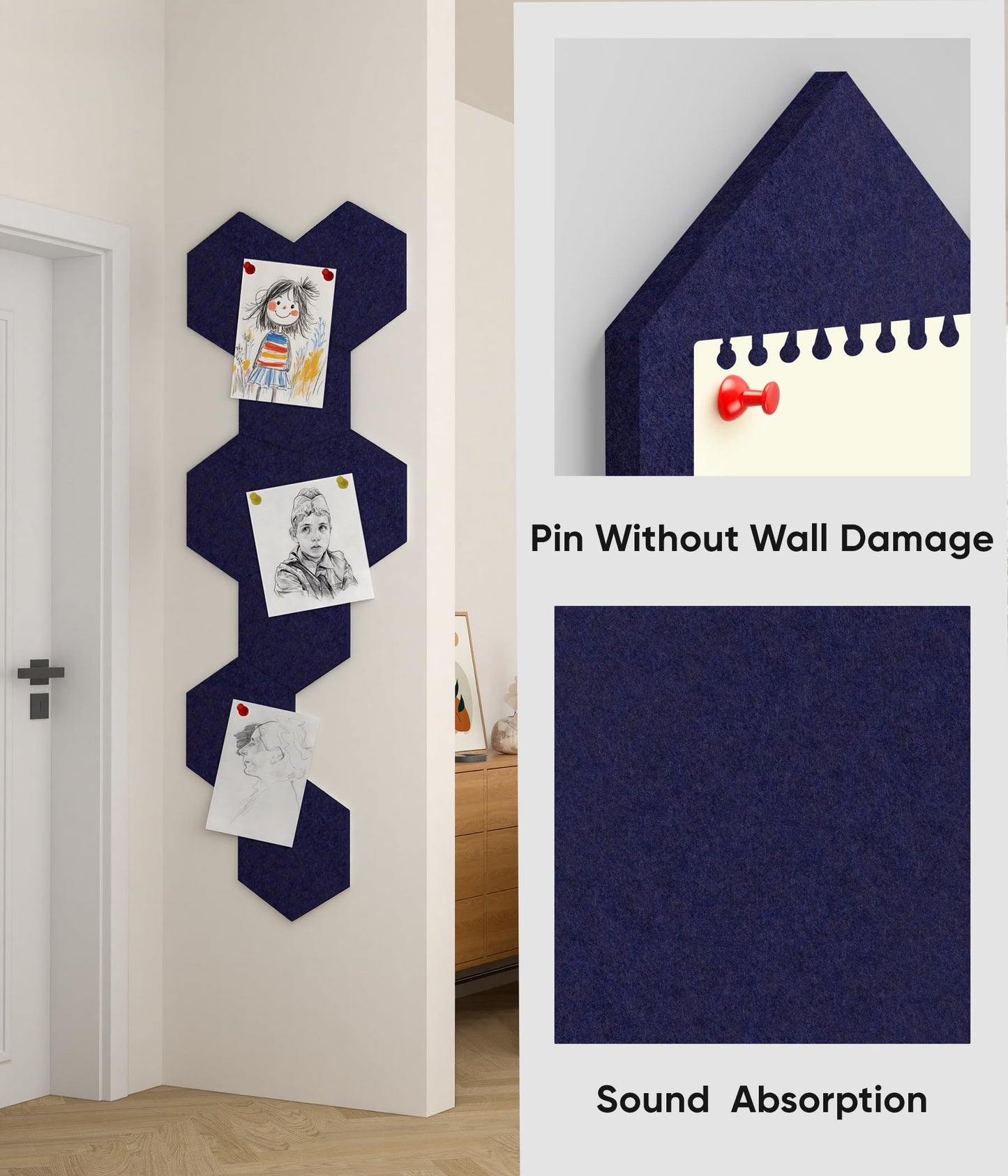 Toptople 12 Inch Large Hexagon Cork Board for Walls, 8 Pack Felt Bulletin Board Tiles, Pin Board with Push Pins for Office Photo and Note, Navy Blue