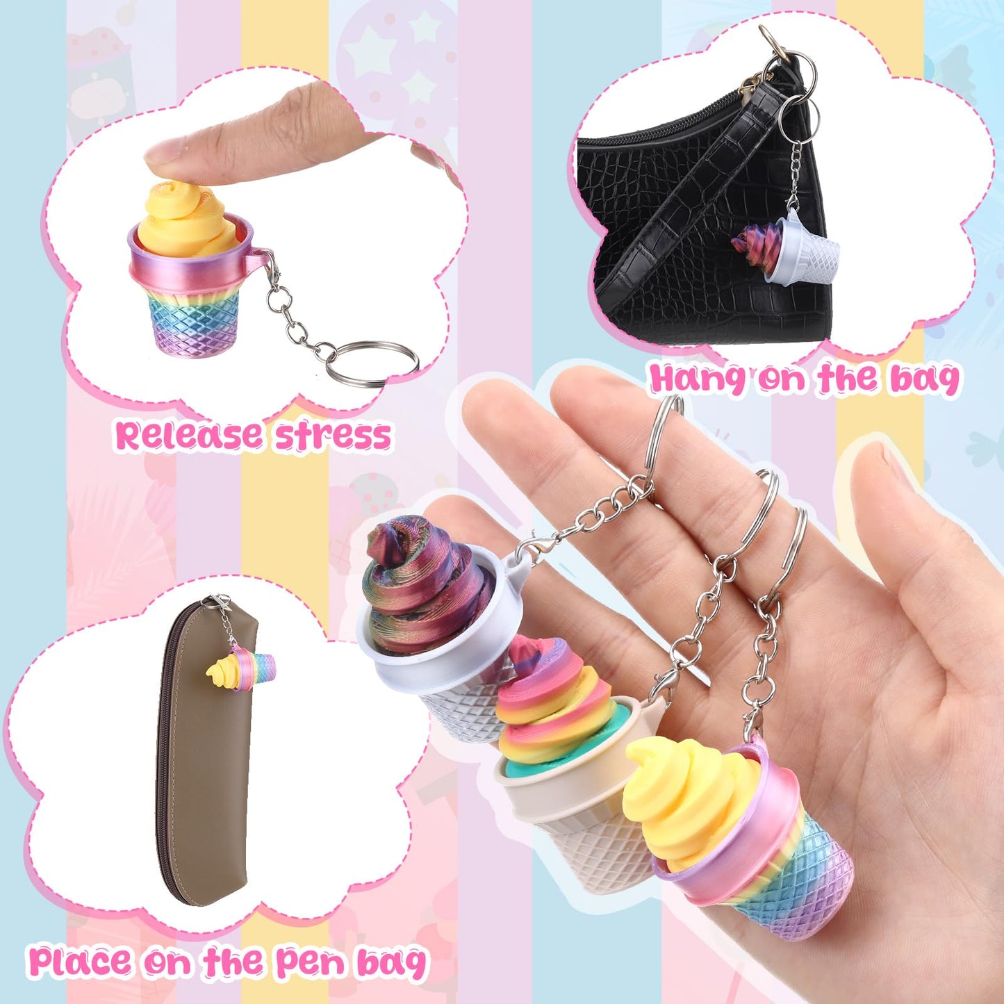 Kenning 12 Pcs Ice Cream Clicker Fidget Keychains Bulk 3D Printed Sensory Clicker Fidget Toys Stress Relief Ice Cream Party Favors Keychain for Summer Birthday Goodie Bag Stuffers Office Gifts
