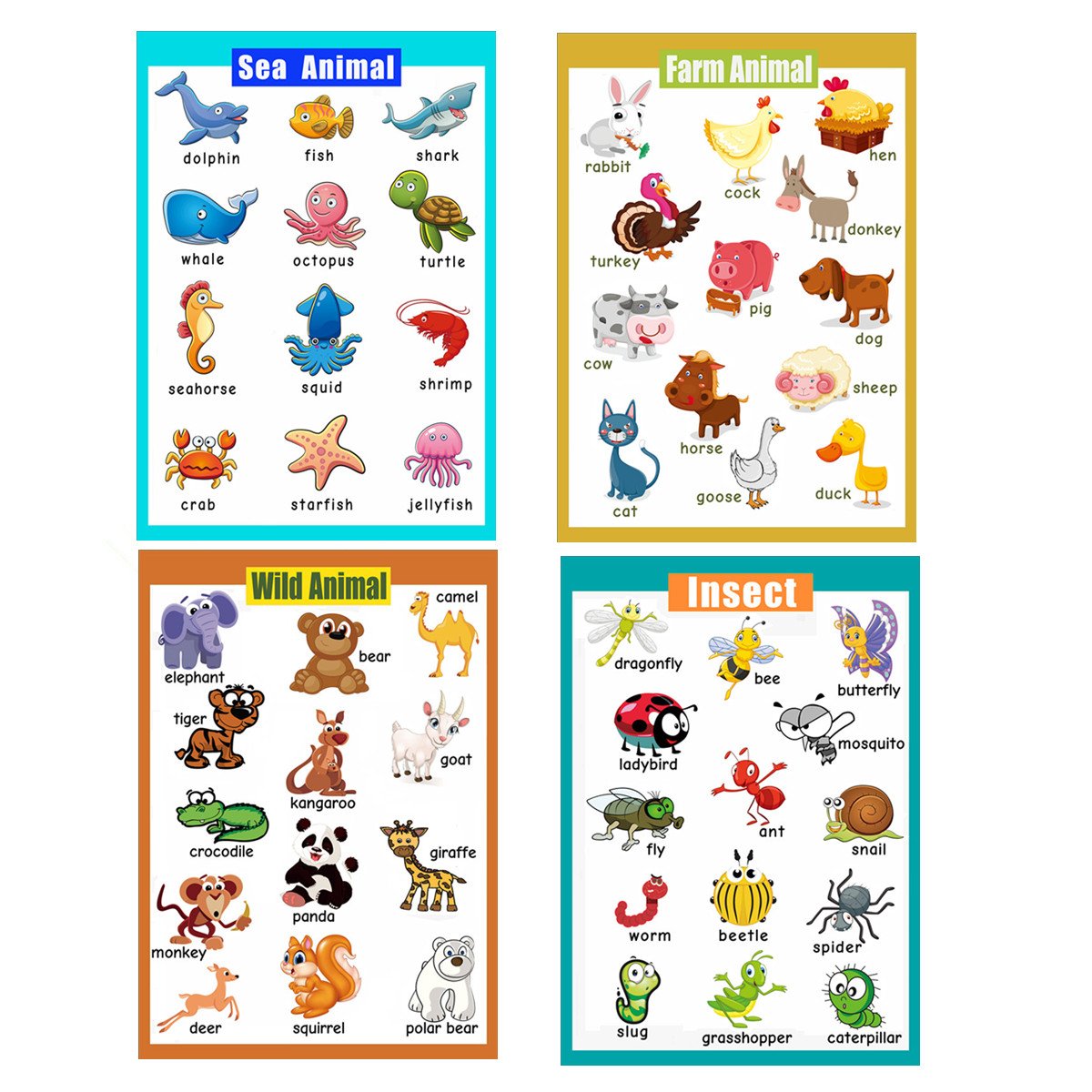 4 Pieces Laminated Educational Preschool Posters for Toddlers| Educational Wall Charts | School classroom Posters | Class decorations for Kindergarten- Sea Animal,Farm Animal,Wild Animal, Insect.