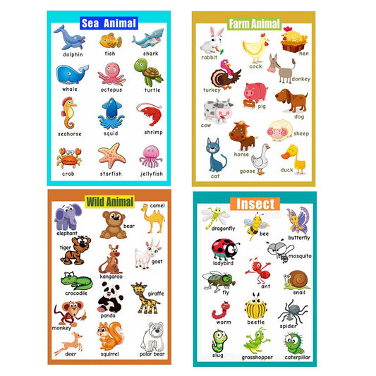 4 Pieces Laminated Educational Preschool Posters for Toddlers| Educational Wall Charts | School classroom Posters | Class decorations for Kindergarten- Sea Animal,Farm Animal,Wild Animal, Insect.