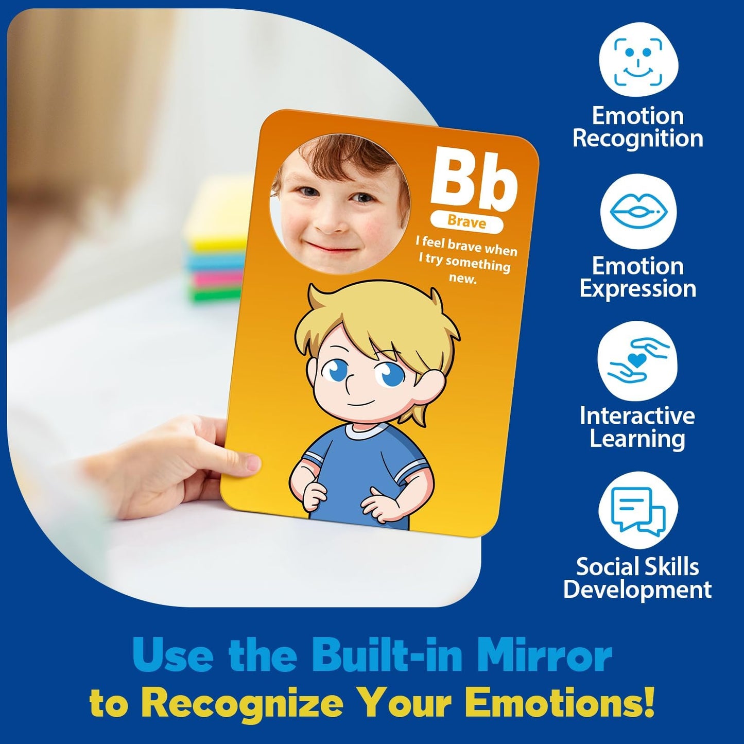 Broytain Emotion Cards for Kids, 26 Feelings Cards with Built-In Mirror, SEL Learning Flashcards with Coping Skills, ADHD/Autism Learning Materials, Emotions Flashcards for Therapy, Home Use