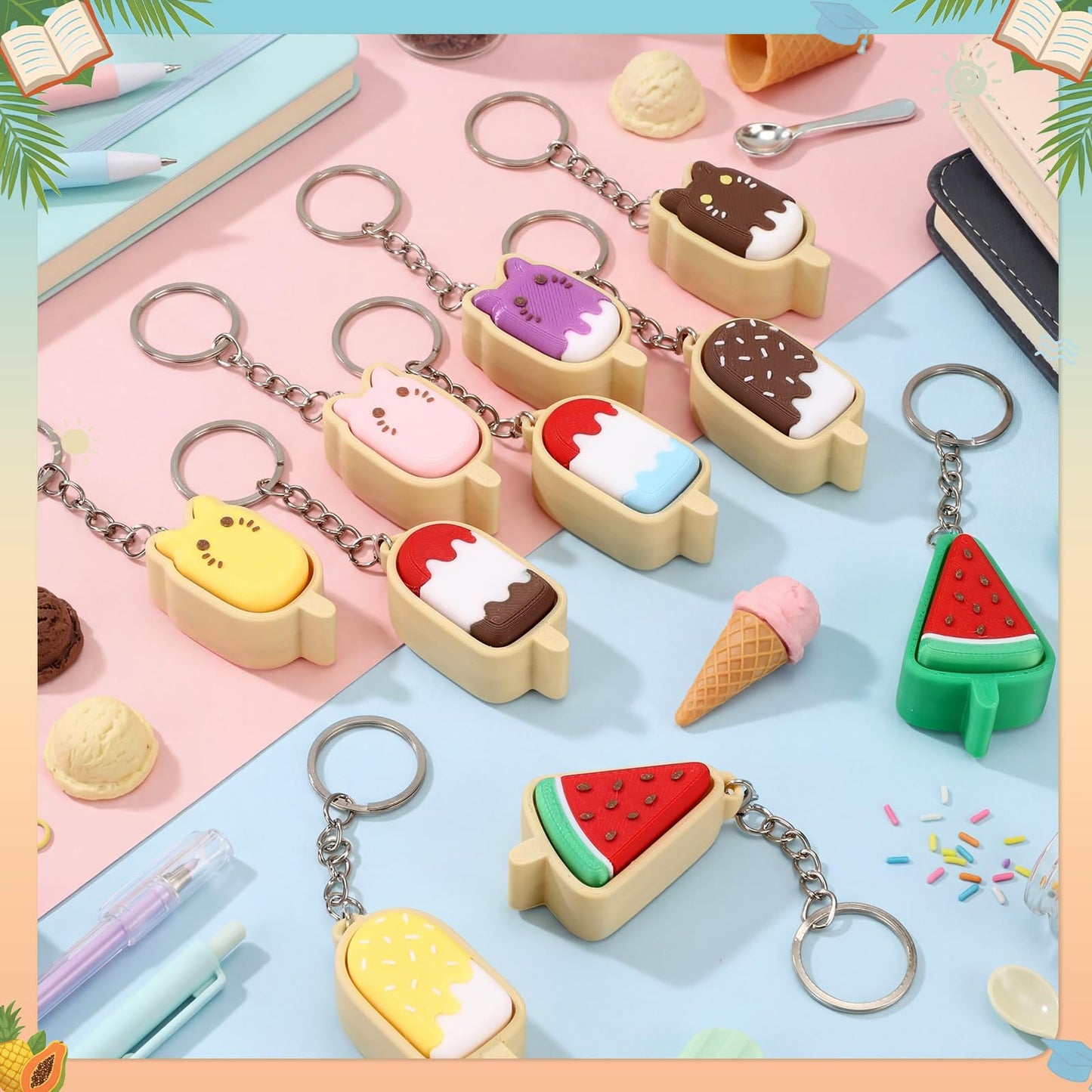 Kenning 10 Pcs Ice Cream Clicker Fidget Keychains Bulk Cute 3D Printed Clicker Fidget for Stress Relief Graduation Party Favors Summer Goodie Bag Stuffers Office Gifts for Coworkers