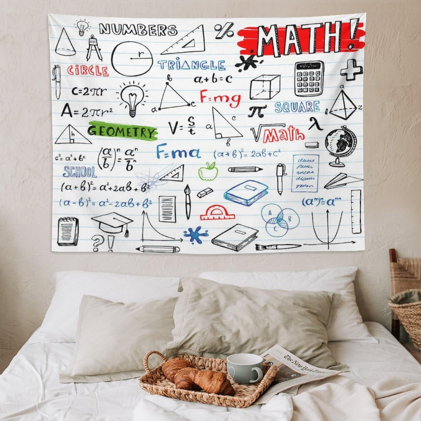 DDCBNS Math Symbols Tapestry,Funny Equations Geometry Function Print Educational Tapestry Wall Hanging Home Décor for Study Classroom Bedroom Living Room Office 80" x 60"
