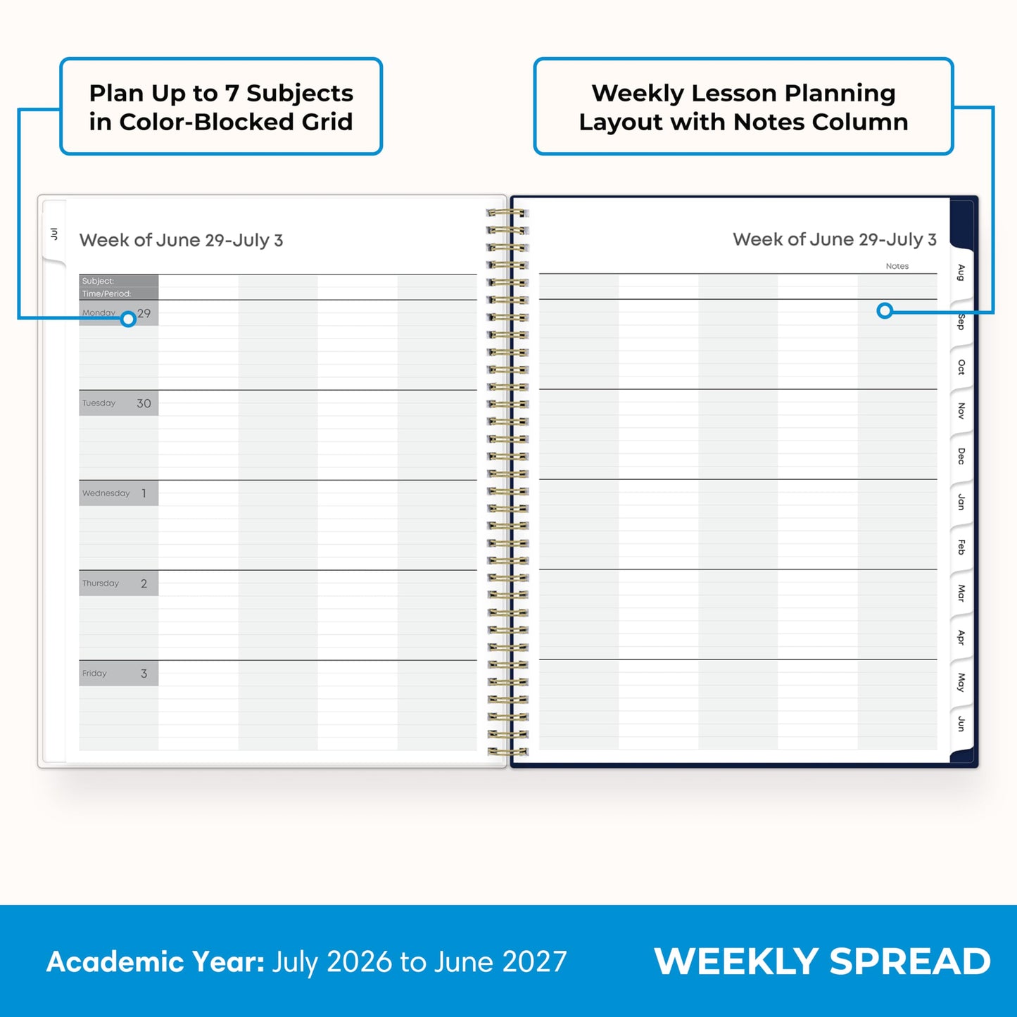 Blue Sky 2026-2027 Weekly and Monthly Academic Year Teacher Lesson Planner Calendar, July 2026 - June 2027, 8.5" x 11", Flexible Cover, Wirebound, Laminated Tabs, Storage Pocket, Fresh Lemons