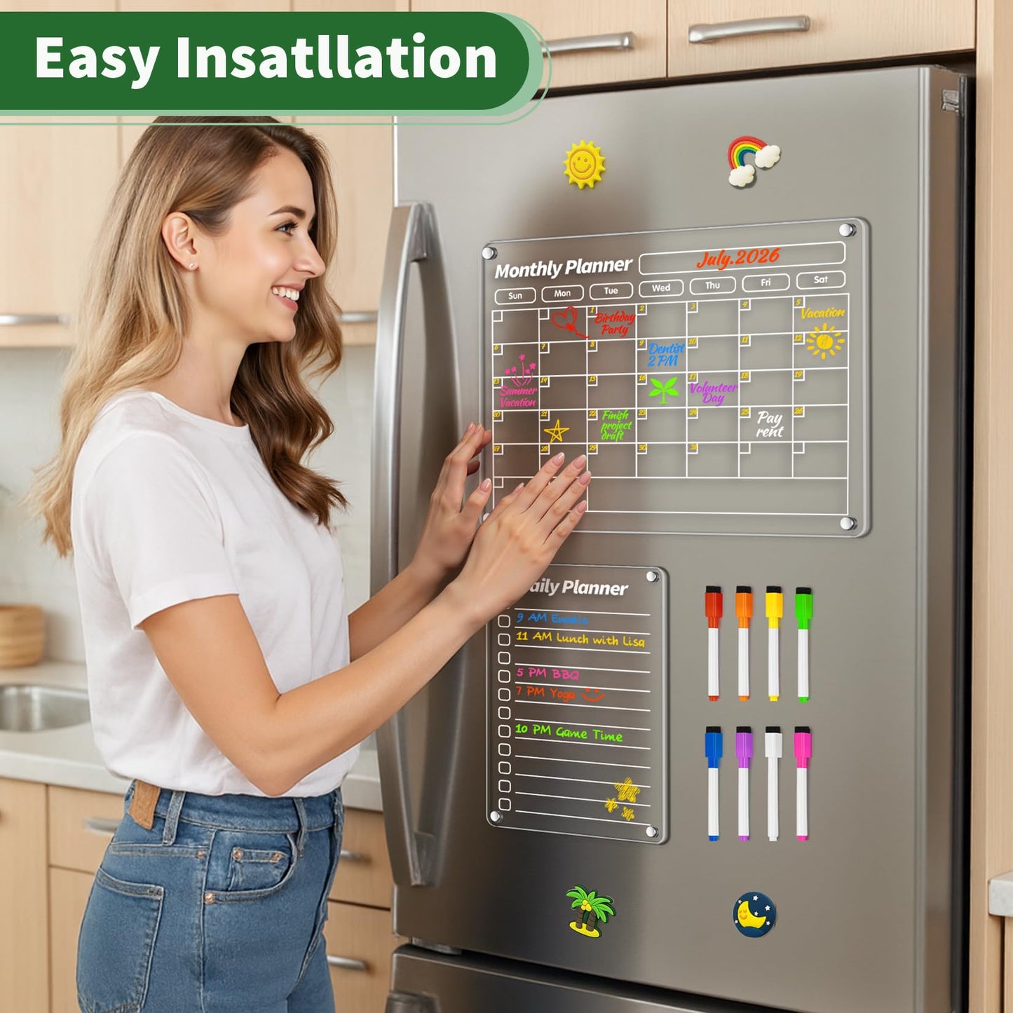 FINDMAG 4 Pack Acrylic Calendar for Fridge, 2026 Magnetic Calendar for Refrigerator, 16"x12" Dry Erase Whiteboard Planning Board Monthly Weekly Wall Fridge Calendar Board Menu Planner with 8 Markers