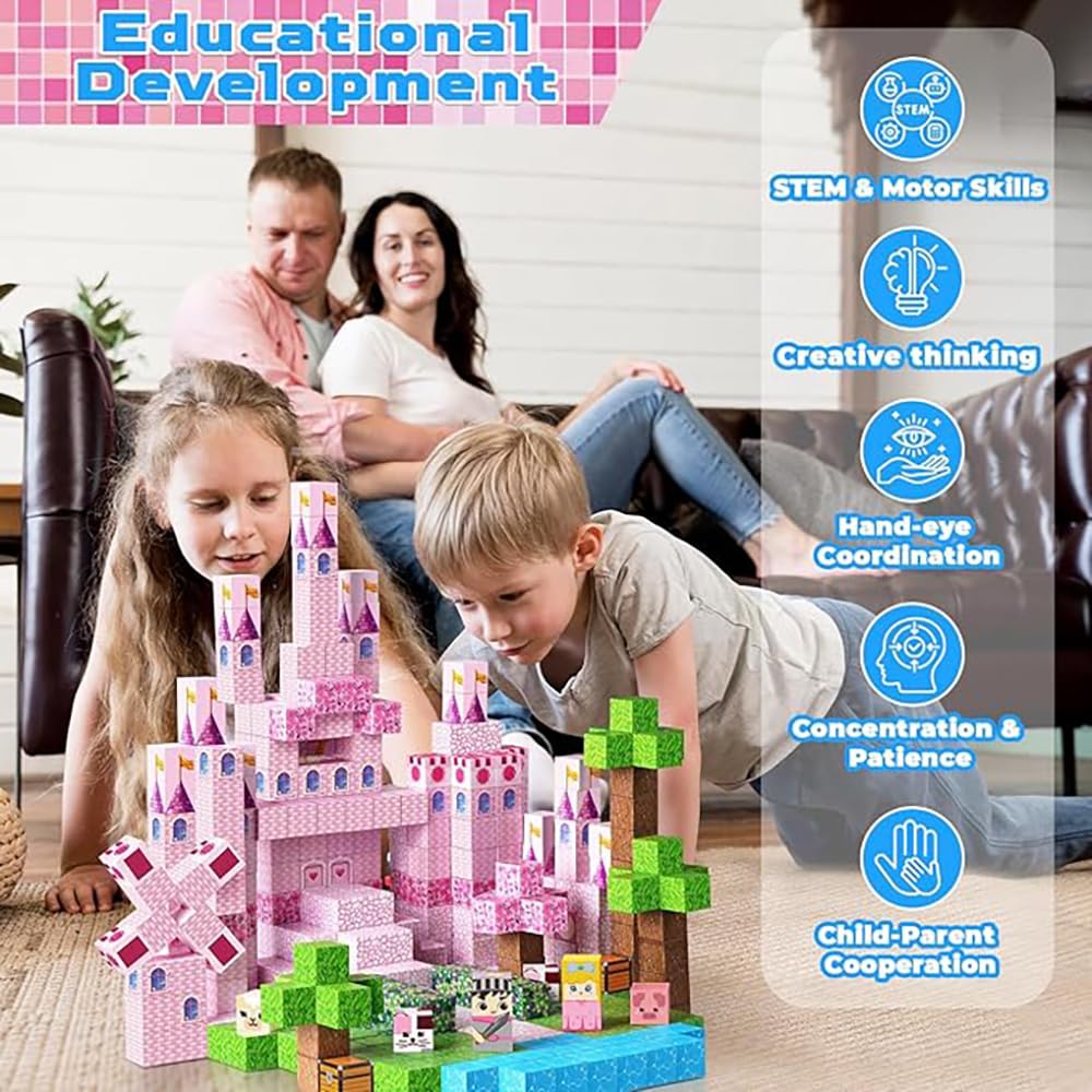 DOFASNCN Pink Magnetic Building Blocks Magnetic Building Tiles Toys for Boys Girls Age 3+，Creative Plastic Magnet Square Gift for Kids Pink Castle 100PCS