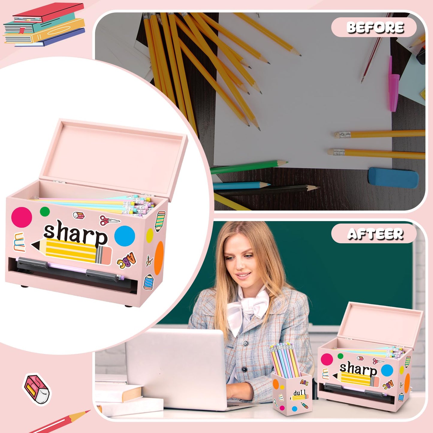 Watersay 108 Pcs Pencil Dispenser Kit for Classroom Wooden Sharp and Dull Pencil Holder 50 Pencils 50 Sharpener 6 Sticker Classroom Teacher Must Have Straw Dispenser for Back to School(Light Pink)