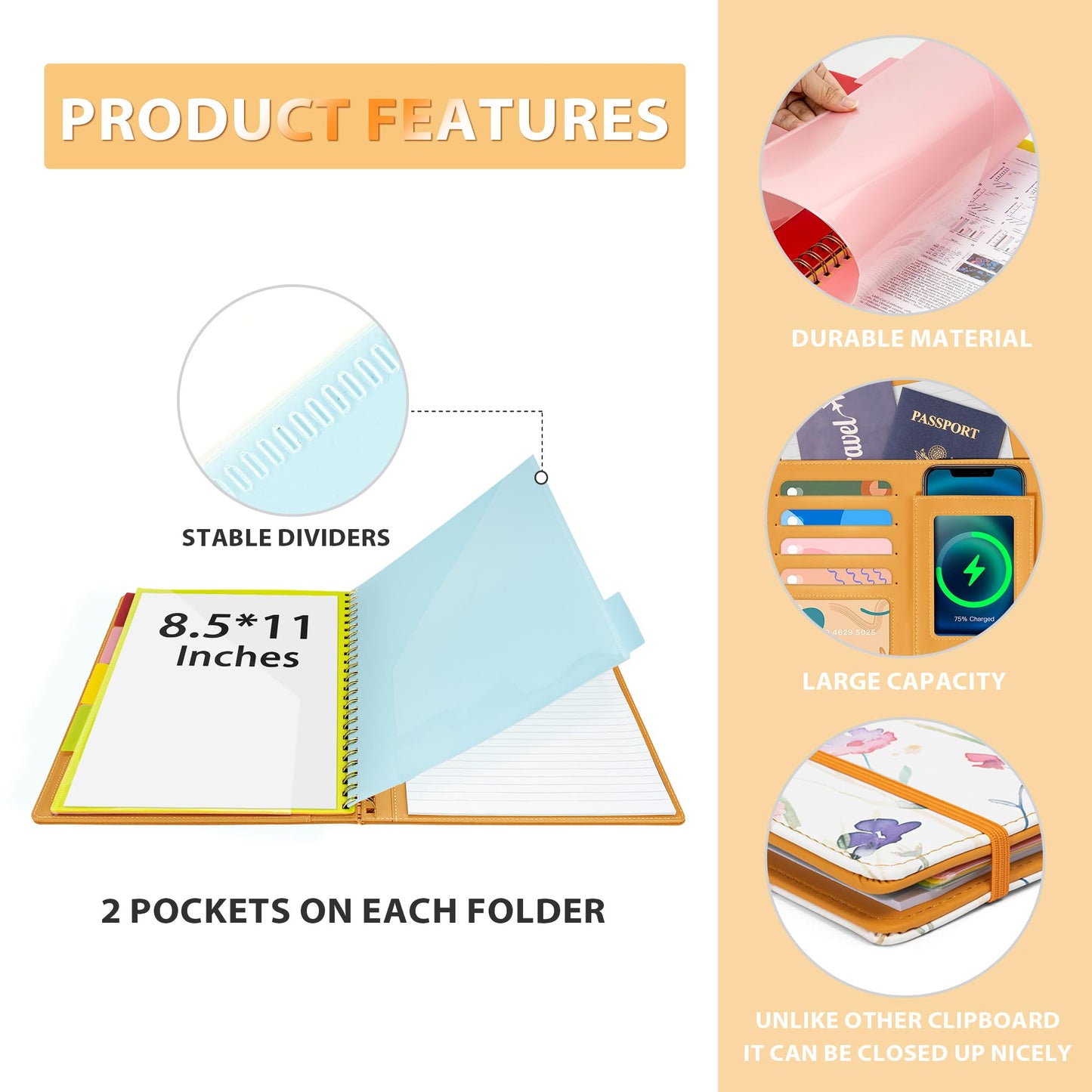 Ospelelf Clipboard with Storage for Women, Leather Padfolio Portfolio Organizer 5 Folders with 10 Pockets, Spiral Clipboard Folio with Notepad for Letter Size, Elastic Closure and Pen Loop Flowers
