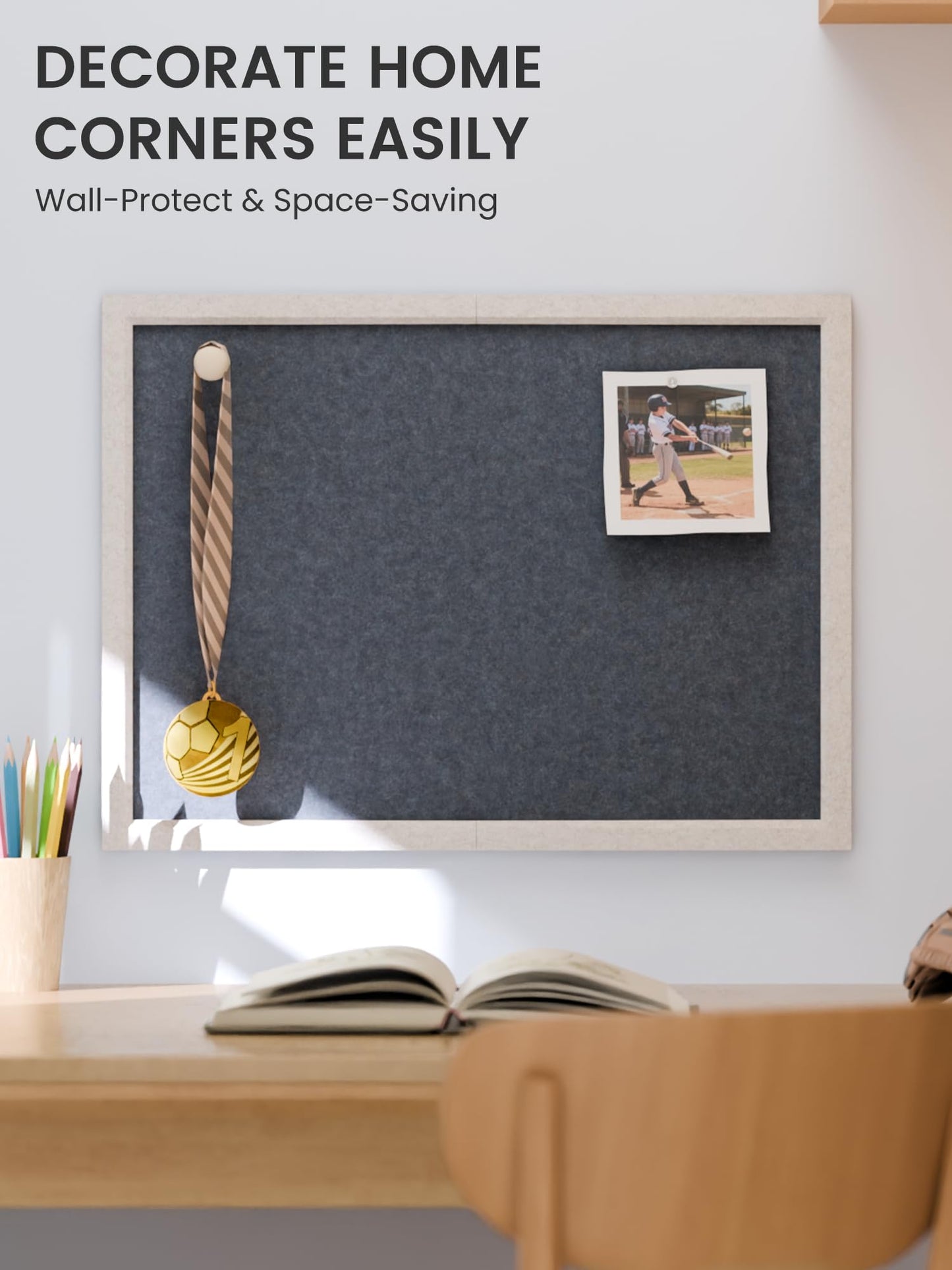 Fluxynara Foldable Cork Board Alternative, Felt Bulletin Board 23.6" x 17.5" Oatmeal Frame with 12 Adhesive Tabs, Pin Board for Home Office, Classroom, Entryway, Kitchen Wall Decor—Navy Blue