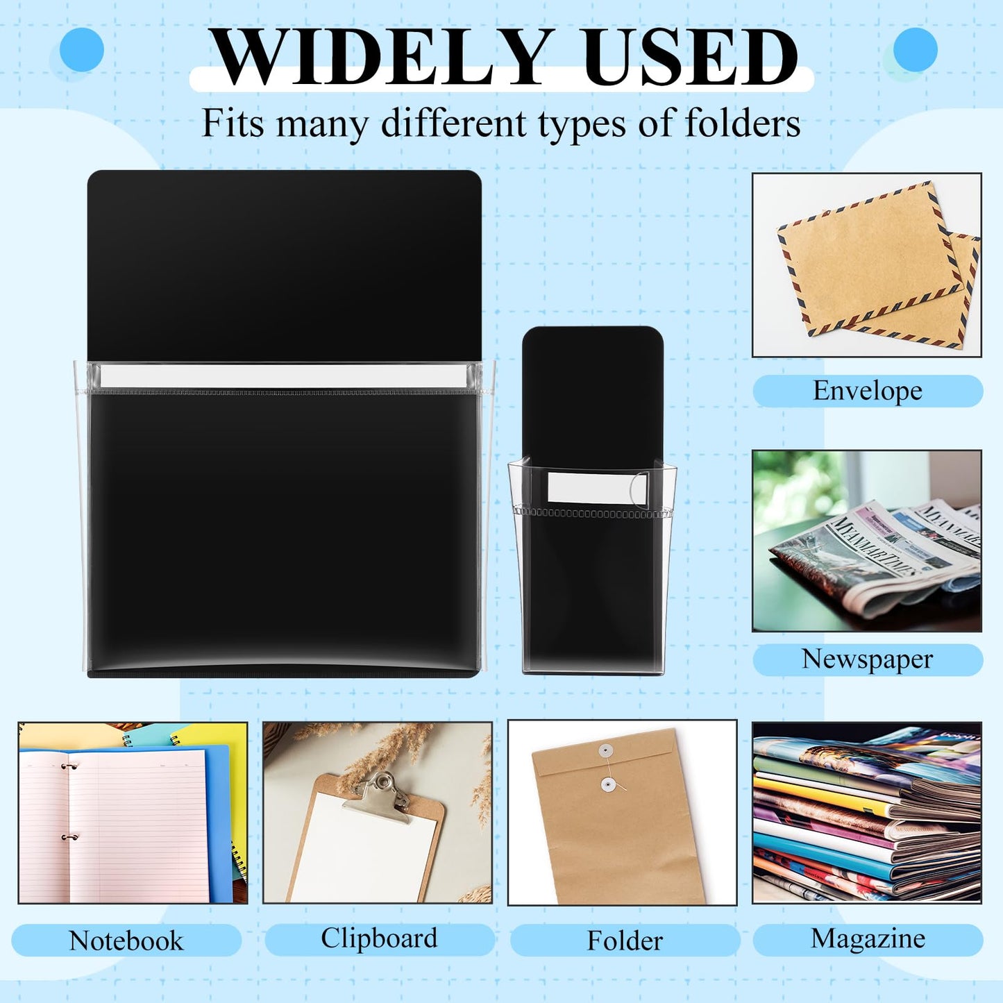 Henoyso 10 Packs Black Magnetic File Holders, Self-adhesive Magnetic File Holder for Recipe, Notes, Tools - Strong Magnet Backing for Fridge, Whiteboards, and Metal Surfaces ( 9.5 x 12 In, 2.4 x 6 In)