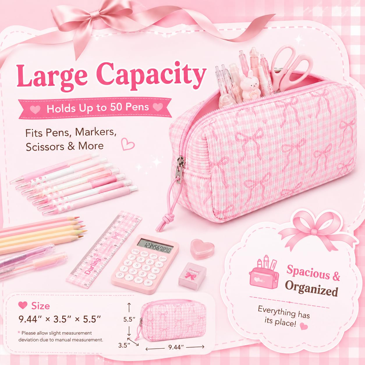 LEDAOU Cute Pencil Case for Kids Girls Boys Pencil Pouch kawaii Pen Pencil Box Bag Holder for School Students (Corduroy Pink Bow Checkered)