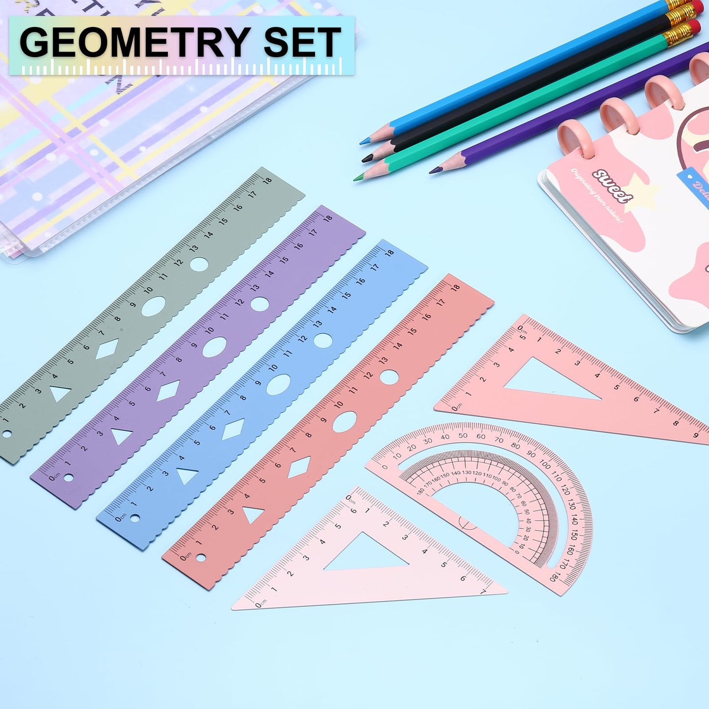 PATIKIL Geometry Set, 2 Pack 8 Inch Aluminum Ruler & 4 Triangles, Metal Protractor Ruler Math Drafting Measuring Tool for Home Office Math Drawing Engineering Art,Gradient Green