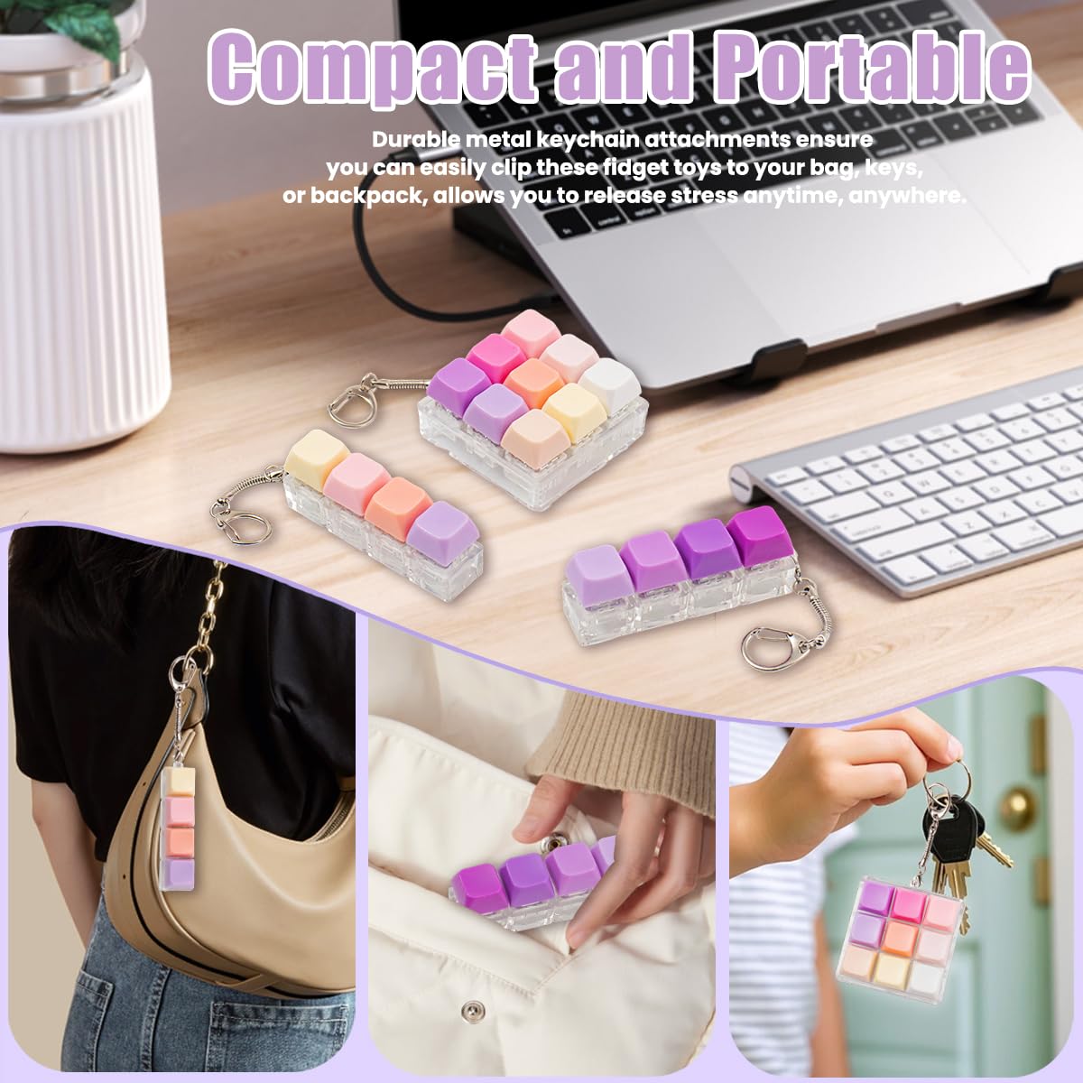 3 Pcs Keyboard Fidget Toy for Adults, Loud Clicky Keyboard Fidget Keychain, Button Fidget Clicker Stress Relief Sensory Toys for Anxiety Decompression Gift (Purple Pink)