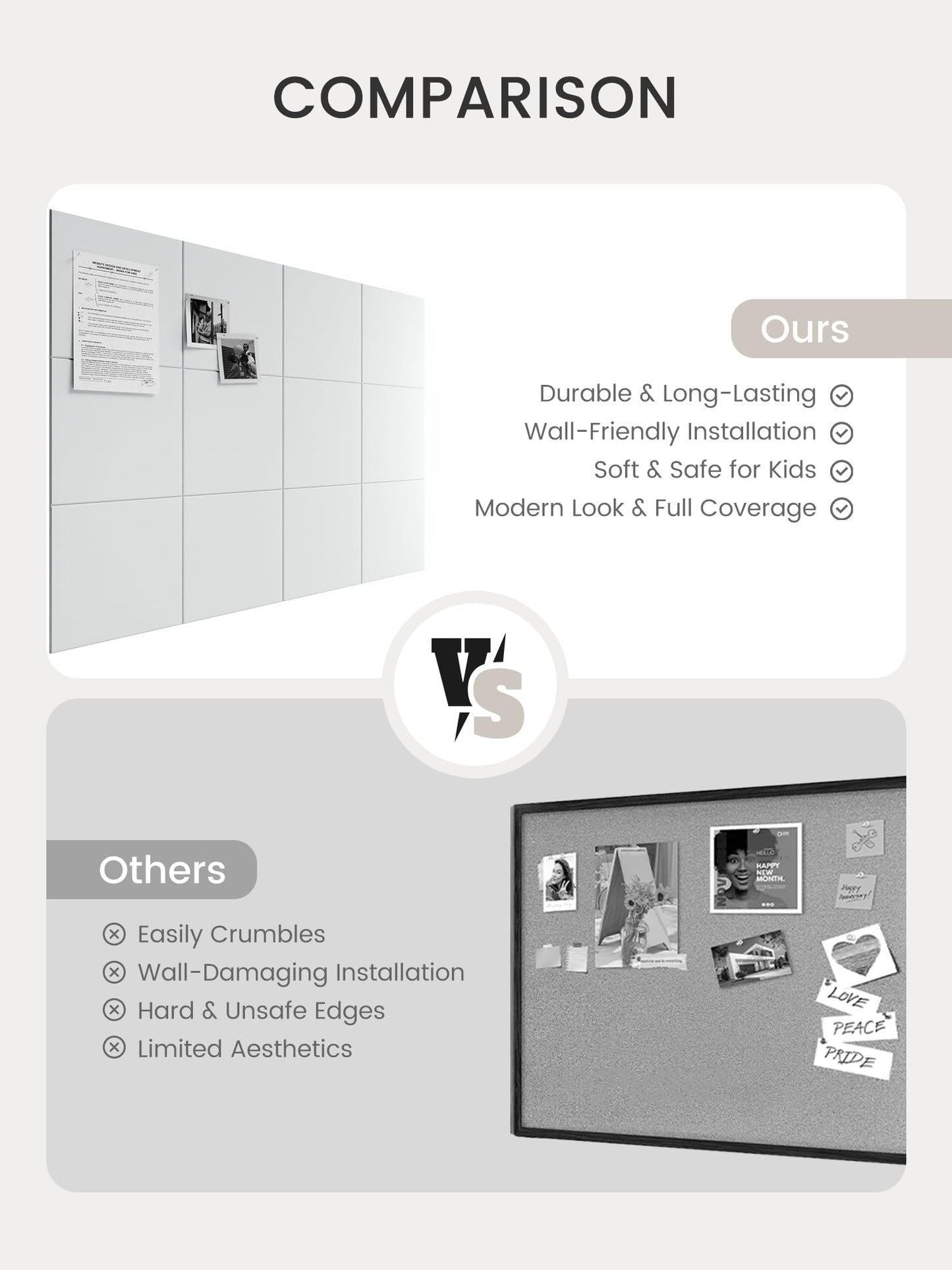 Bumusty Large Cork Board 48" x 36" Alternative - 12 Pack Felt Wall Tiles with 70 Safe Removable Adhesive Tabs, 30 Pushpins, Cork Boards for Walls Pin Board Bulletin Board Office Decor (Cold White)