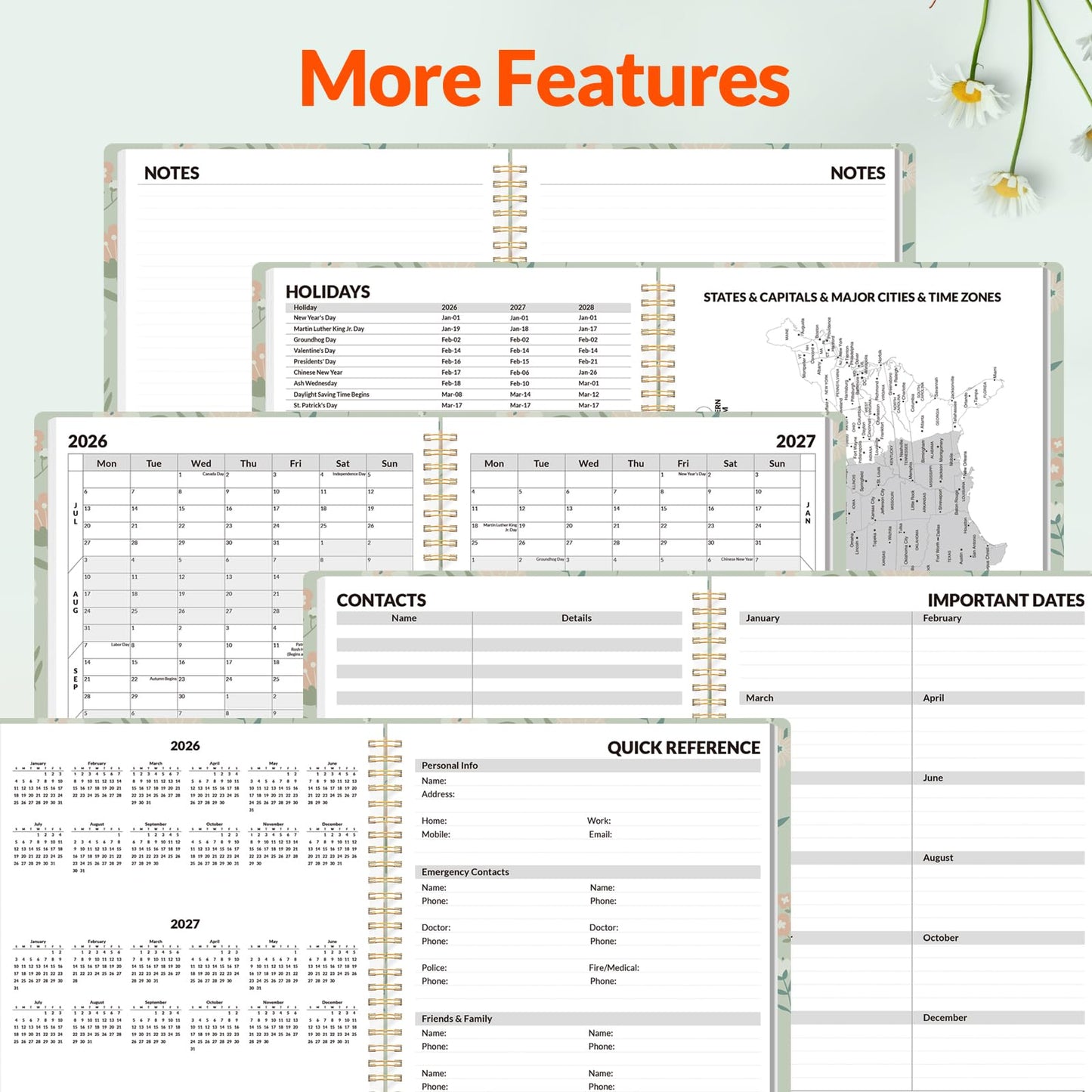 SUNEE Academic Planner 2026-2027 – Weekly & Monthly Planner, July 2026 to June 2027, 8.5"x11", Thick Paper, Tabs, Pockets, Bookmark, Spiral-Bound, Student Teacher Organizer, Green Wildflowers