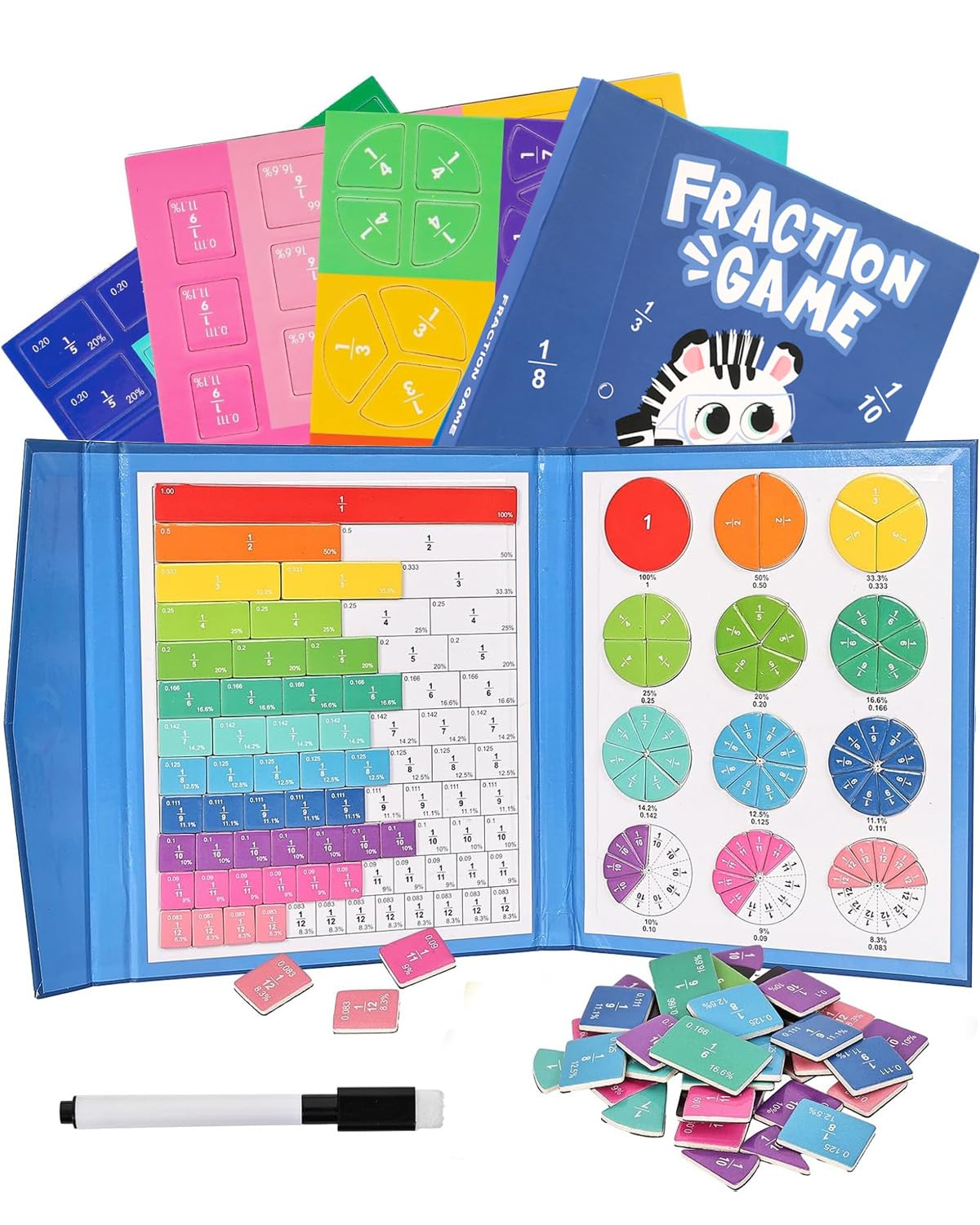 Magnetic Fraction Book & Tiles Set - 3rd Grade Math Manipulatives for Elementary Kids, Fractions Flash Cards Circles,Visual Educational Toys for Classroom Homeschool Learning (Complete All-in-One Kit)