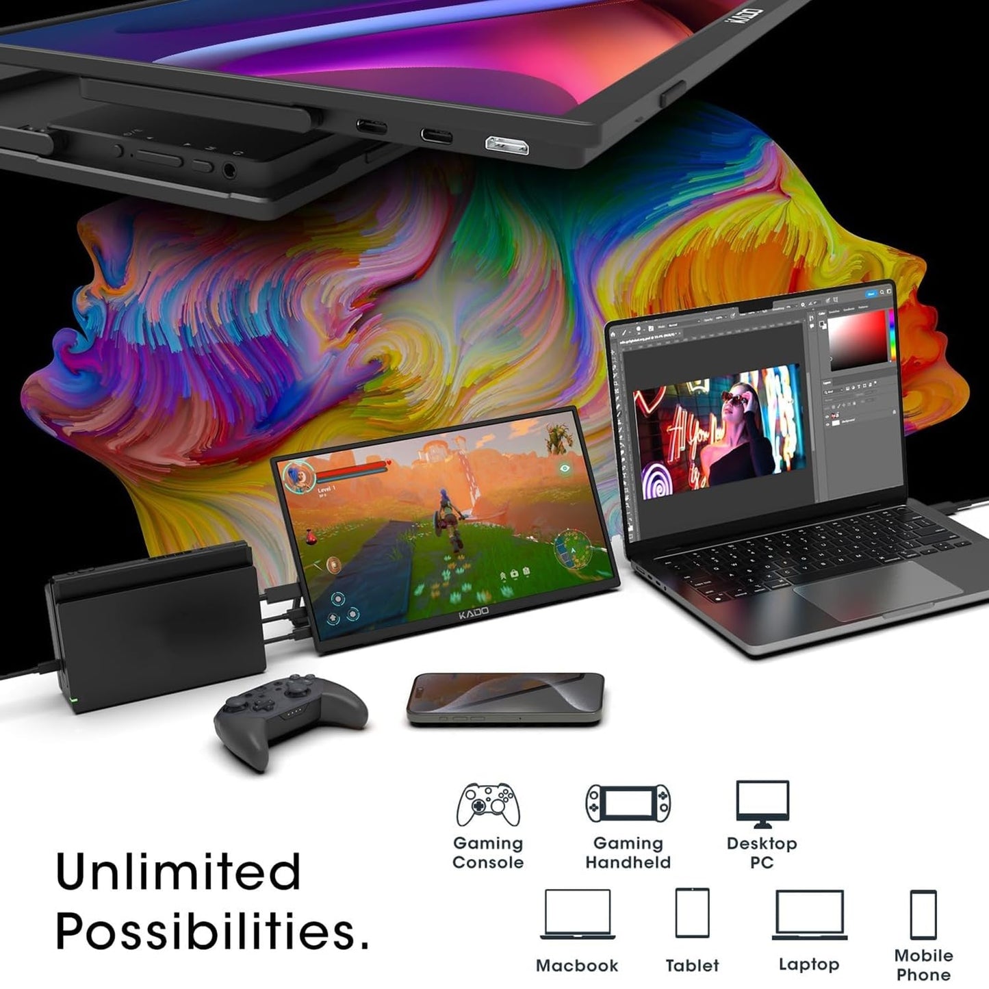 Kado 15.6" Full HD Portable Monitor, Second Display IPS 1920x1080 HDMI USB-C Laptop Screen Extender, 180° Adjustable Kickstand, Wall/Arm Mount for PC, Mac, Phone, Dex, Tablet, Xbox, PS4/PS5 and Switch