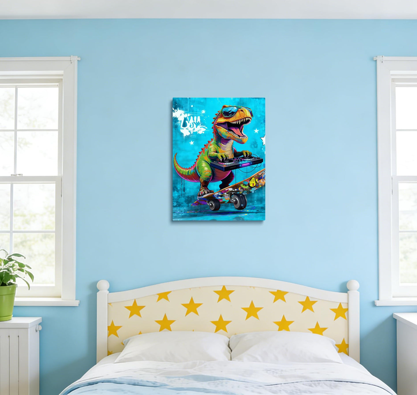 16x24 Graffiti Blue Skateboard T-Rex Dinosaur Canvas Wall Art Prints, Framed Watercolor Animal Pop Cool Painting, Funny Kids & Teen Boy Bedroom Decor, Home Bathroom Living Room Wall Poster Gift