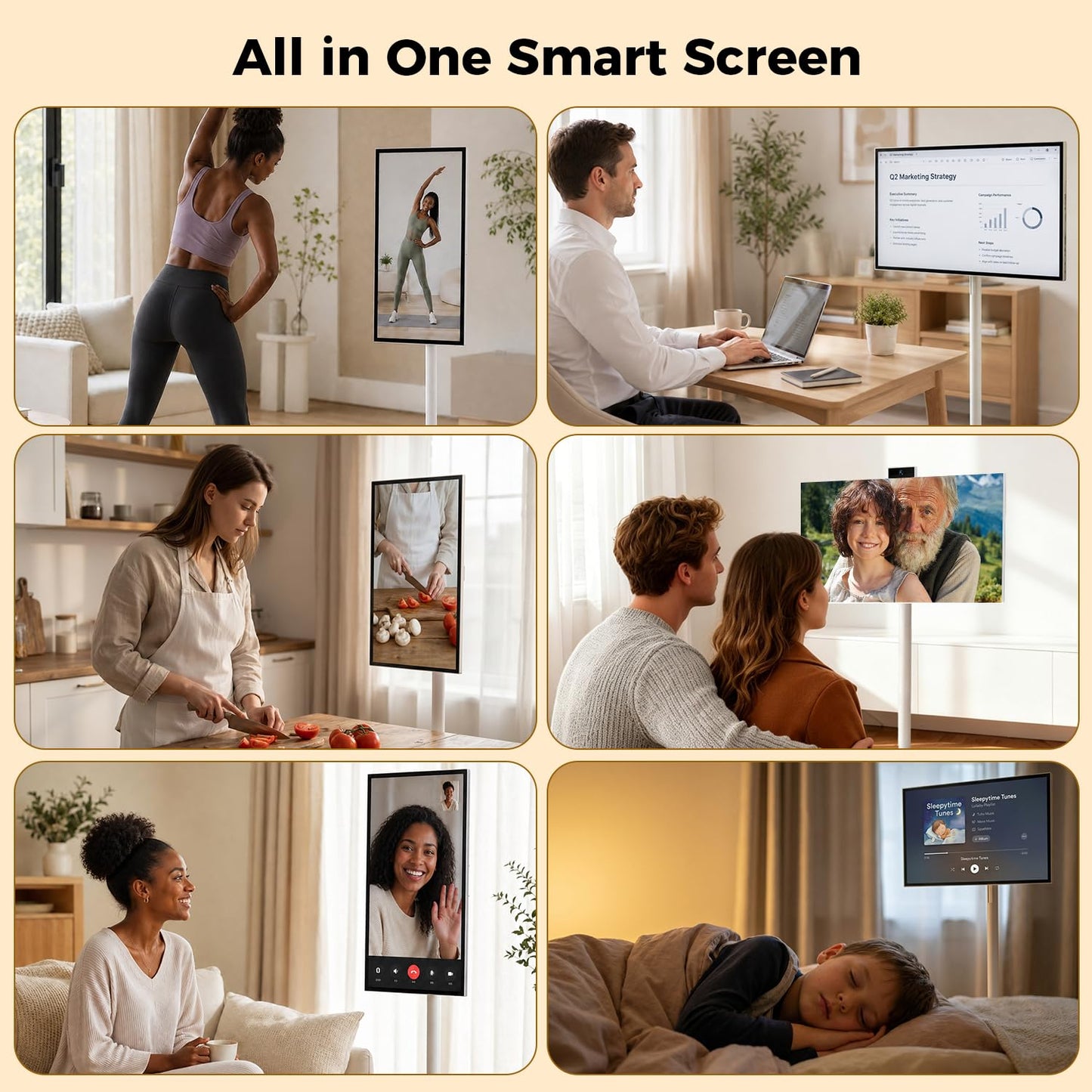 27" Portable Smart Touchscreen Tablet TV on Wheels, Android 15 OS Mobile Smart Display with Google EDLA Certification, 6GB+128GB, Built-in Battery, 4K Camera, Wireless Casting, Rotating Rolling Stand