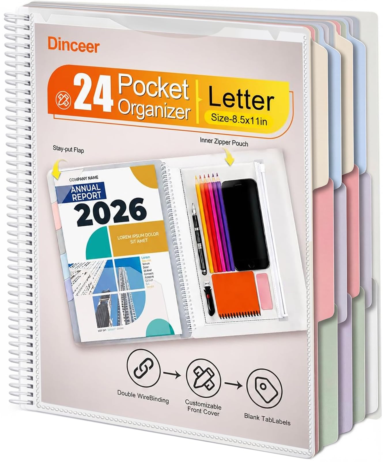 Dinceer 24 Pocket Spiral Project Organizer Folder, Morandi Color Multi Pocket Folder with Inner Zipper Pouch for School, Office, Bills and Documents