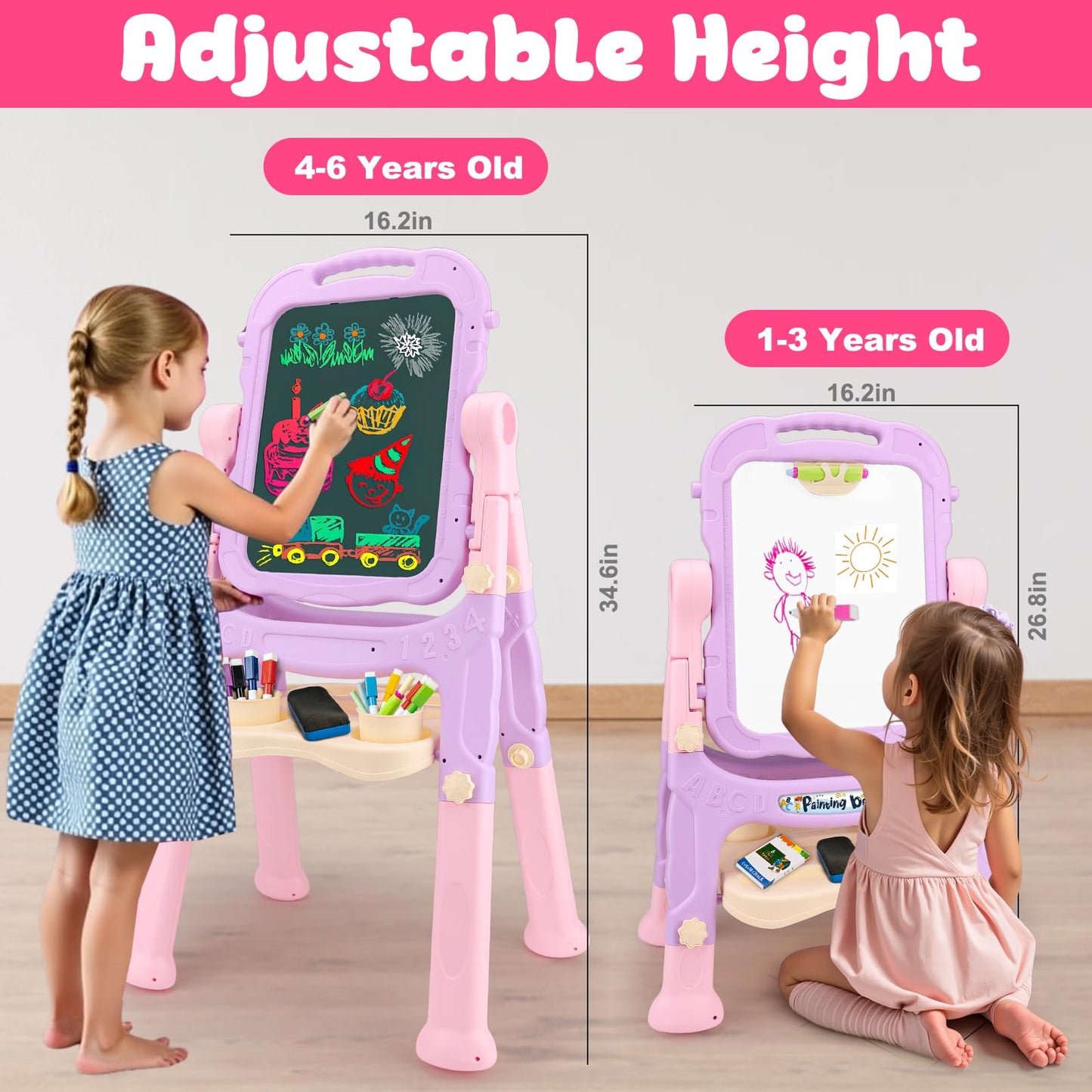 Kids Double Sided Art Easel for Toddlers Magnetic White Board Chalk Board with Painting Accessories Adjustable Stand Drawing Educational Learning Toys - Age 3 4 5 Year Old Girl Birthday Gifts Pink