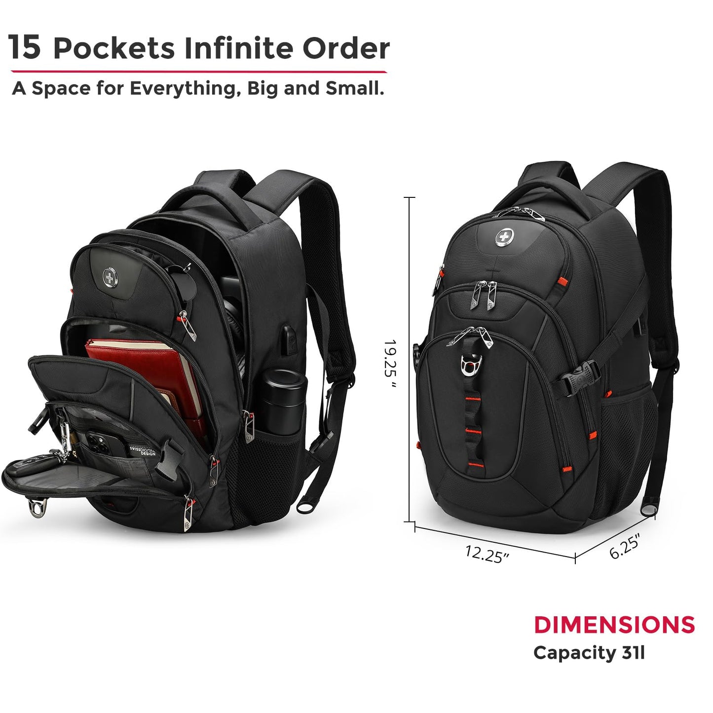 Swissdigital Design Laptop Backpack with USB Charging Port, Travel Backpack Fits 15.6 inches Computer, 31L College School Backpack for Men, Black | SD803-01