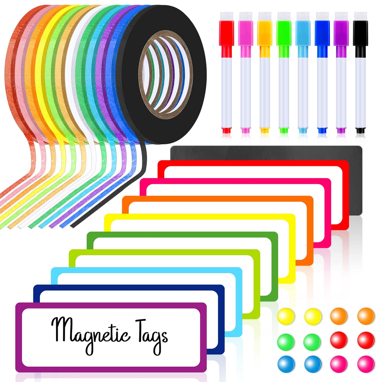 Meanplan 176 Pcs White Board Accessories Set Include 144 Magnetic Dry Erase Labels 12 Rolls Thin Whiteboard Tape 8 Magnetic Fine Tip Dry Erase Markers 12 Round Planning Buttons for Office Home