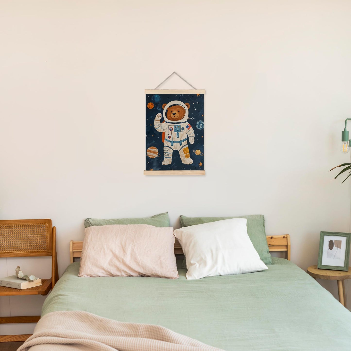 URLLUAE Astronaut Bear Space Wall Art Posters for Kids Room, Cute Outer Space Planet Poster Hanger Frame for Boys Bedroom Classroom Nursery Playroom Wall Decor, 12x16 Inch