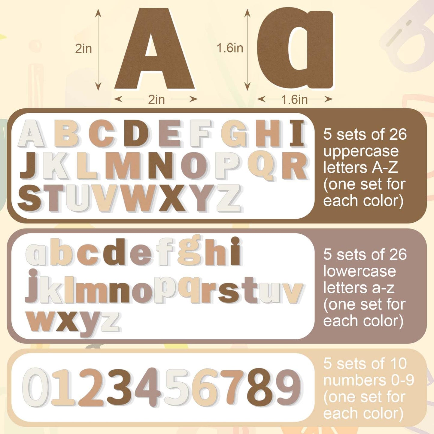 Breling 310 Pieces Felt Letter Bulletin Board Letters Sticker with Number 2" Bulk Self Adhesive ABC Upper Lowercase Sticky Letter for Xmas Gift Bulletin Board Classroom(Brown Color)