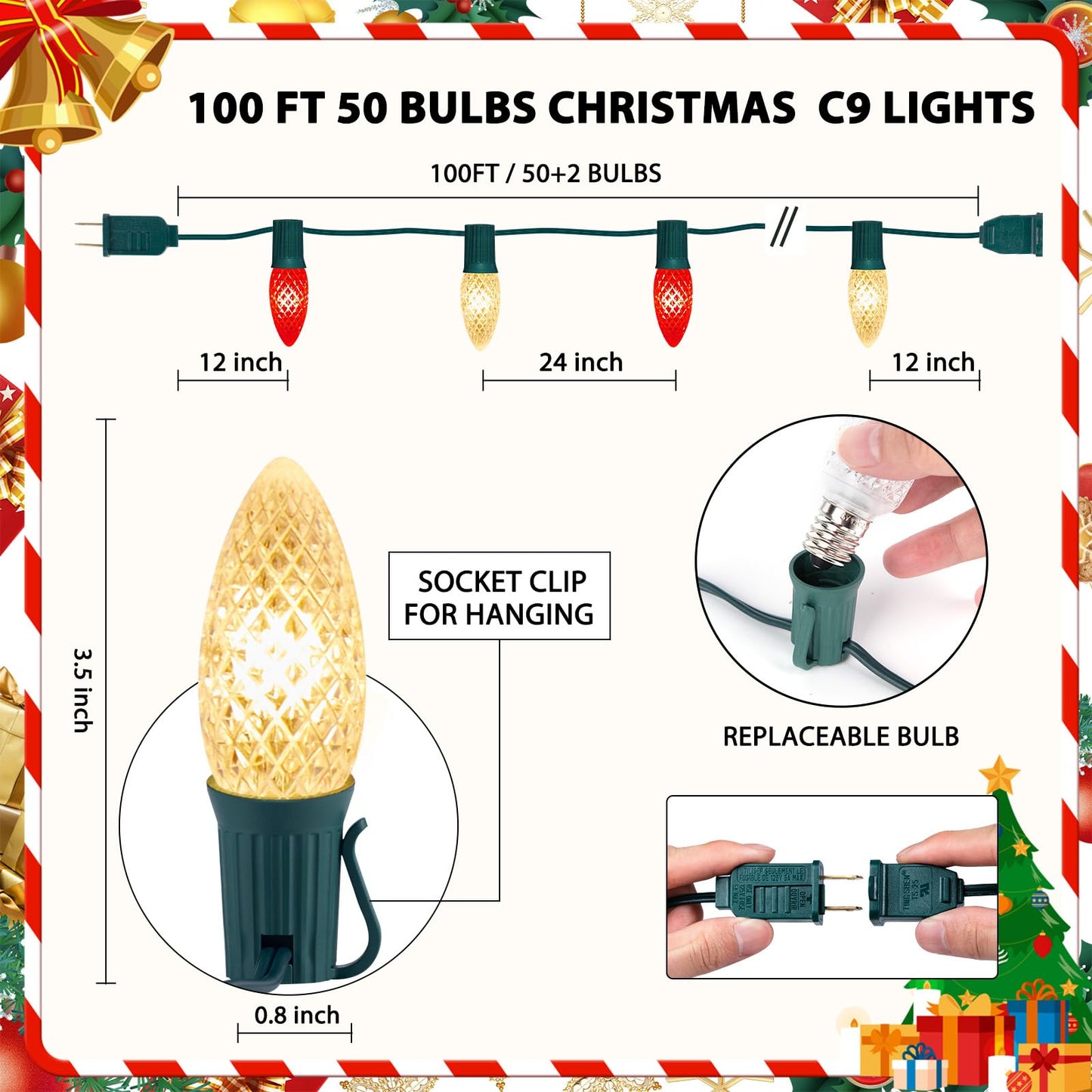 Minetom C9 LED Christmas String Lights - 100 FT, 50 LED, Waterproof, Red and Warm White, UL Certified for Indoor/Outdoor Decor