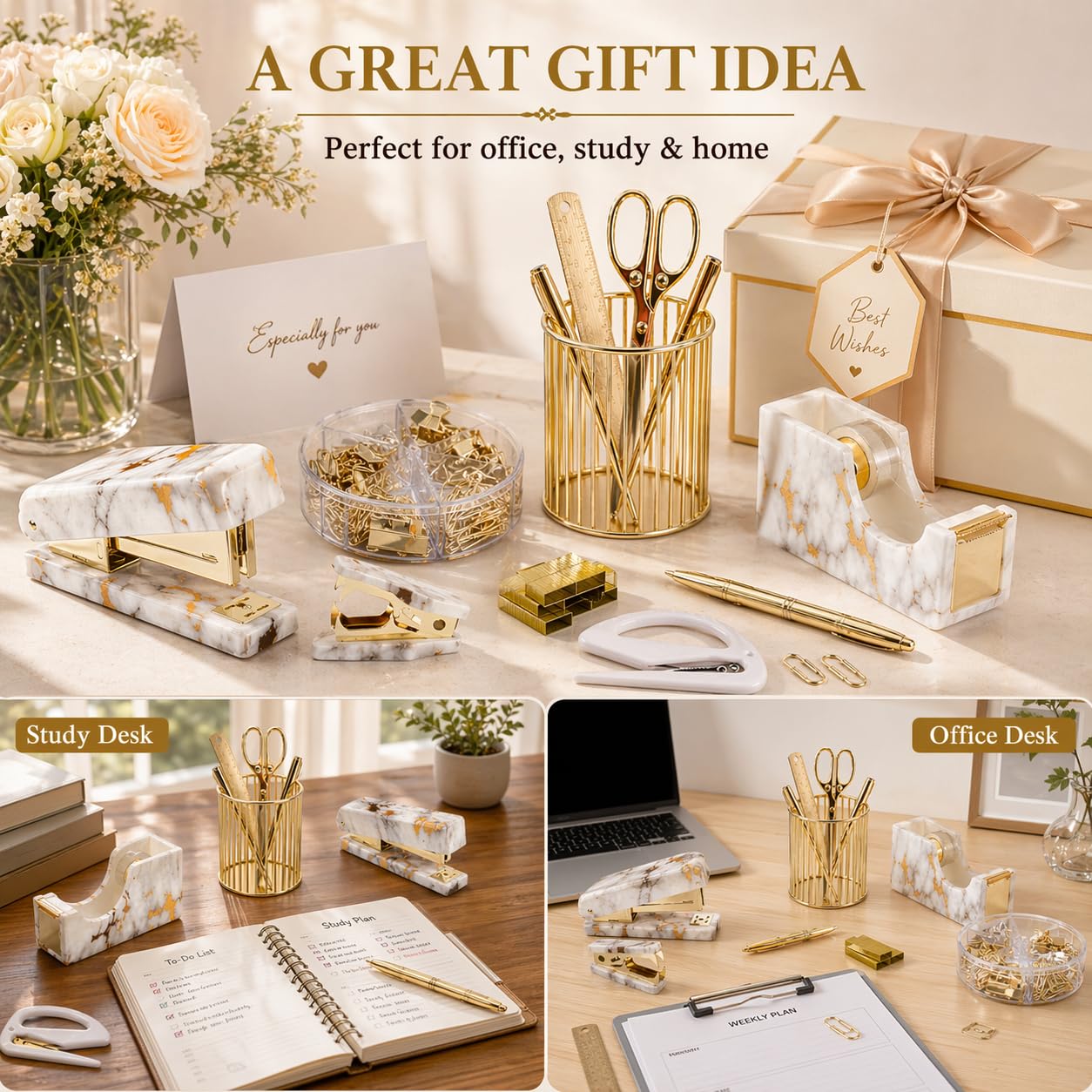 Office Desk Accessories Supplies - 13 Pcs Women Gold Marble Desk Decor Set, Cute Aesthetic Office Essentials Kit, Stapler Tape Dispenser Pen Organizer, Acrylic Mini Teacher Stuff for School Home Work