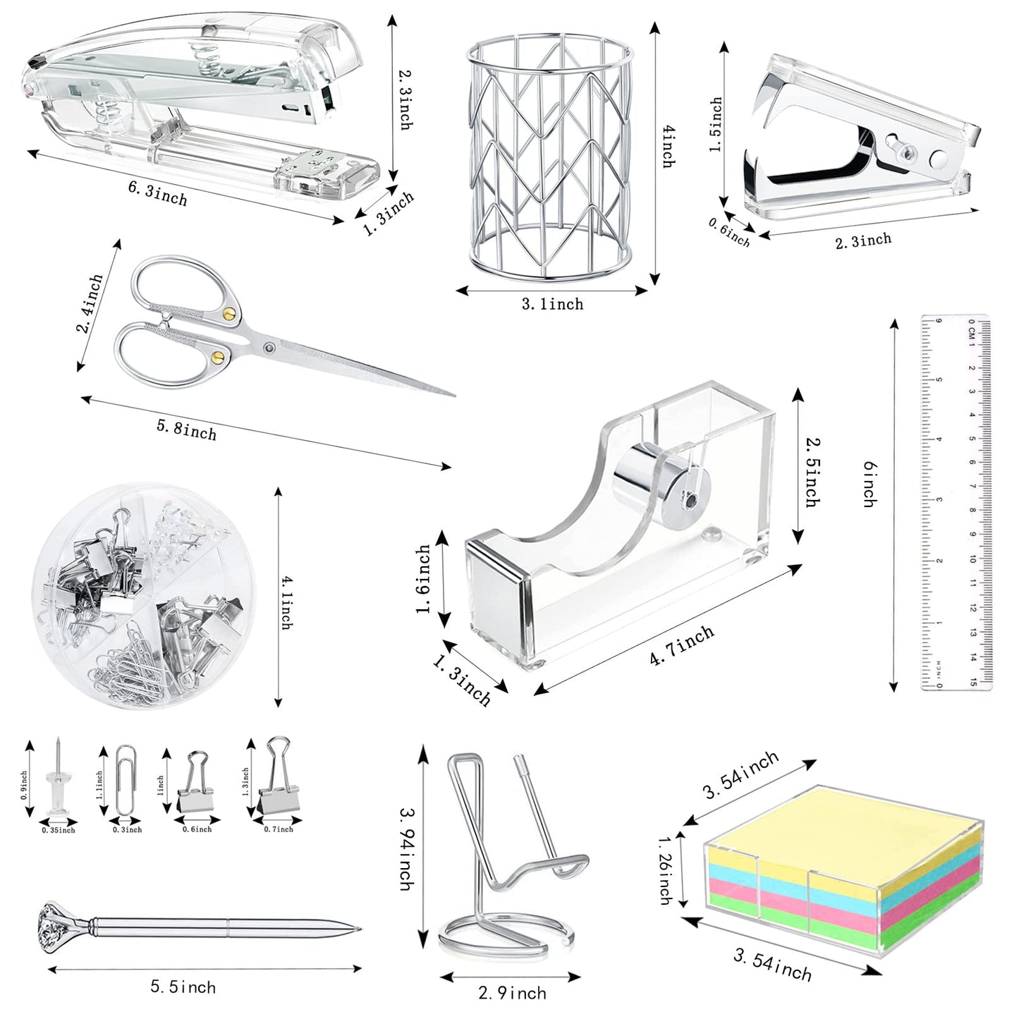 Office Desk Accessories, Acrylic Stapler, Staple Remover, Tape Holder, Pen Holder, Ballpoint Pen, Scissor, Binder Clips, 1000pcs Staples, Phone Holder, Ruler, Transparent Glue and 300 Notes