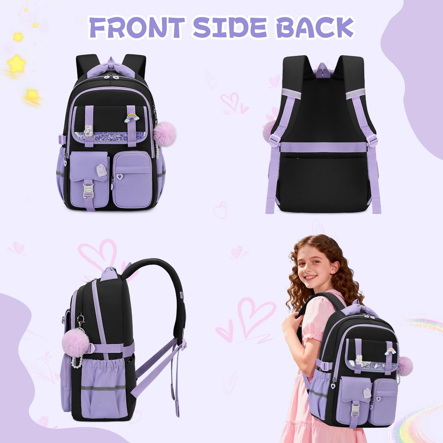 MUSEVOS Girls Backpack, Kids Backpack for Girls, School Bookbag for Teens Age 6-15, Large Capacity Water Resistant Backpack for Elementary to High School, Cute Travel Daypack, Black Purple 3pcs